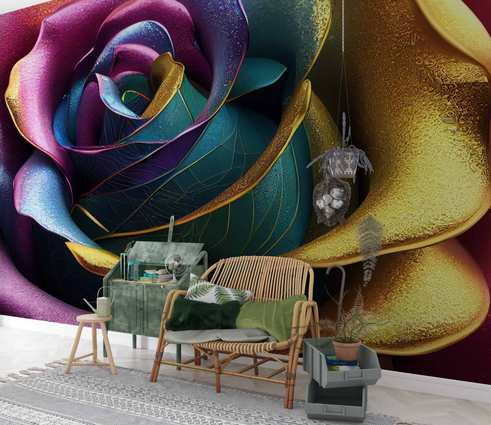 Papier peint Rose de Perse illuminée par un arc-en-ciel