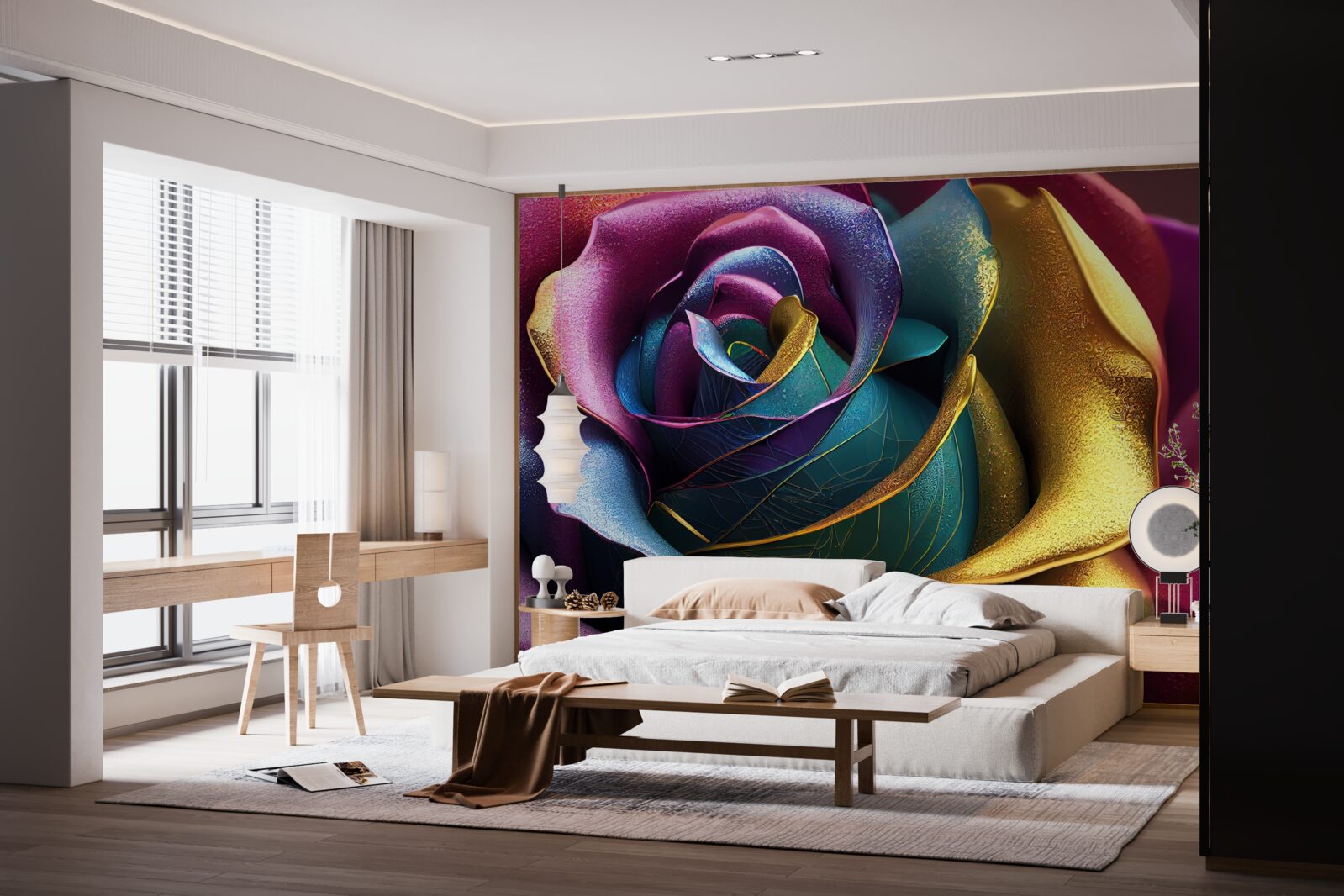 Papier peint Rose de Perse illuminée par un arc-en-ciel