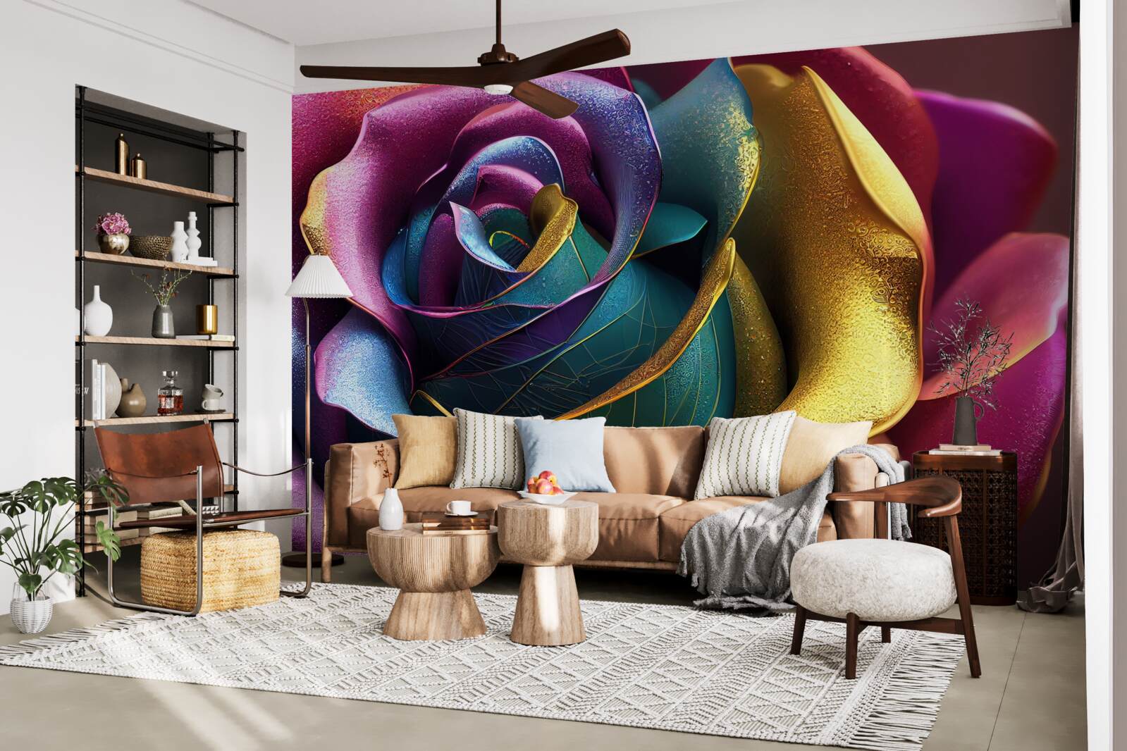 Papier peint Rose de Perse illuminée par un arc-en-ciel