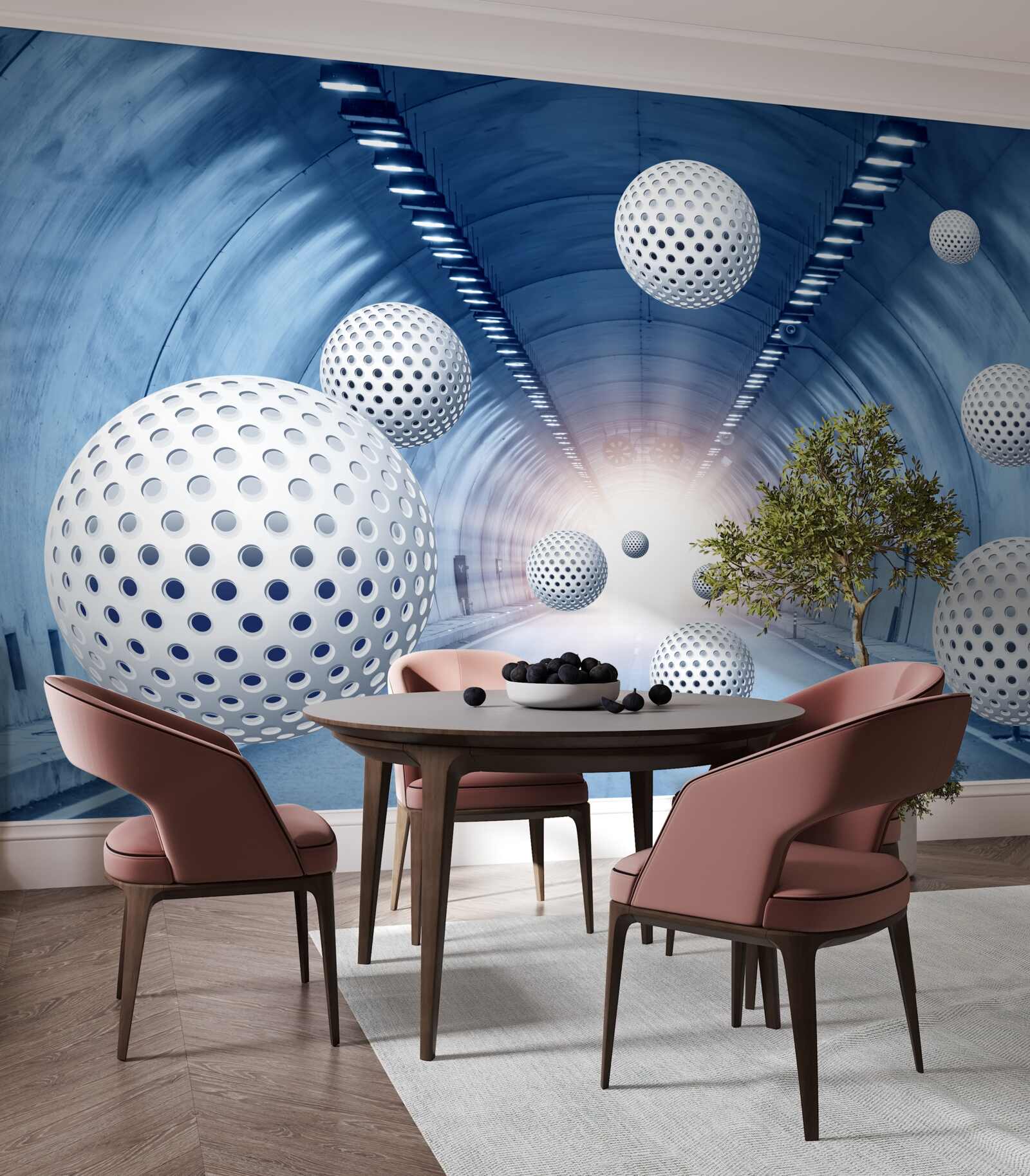 Papier peint transition bleue et boules blanches