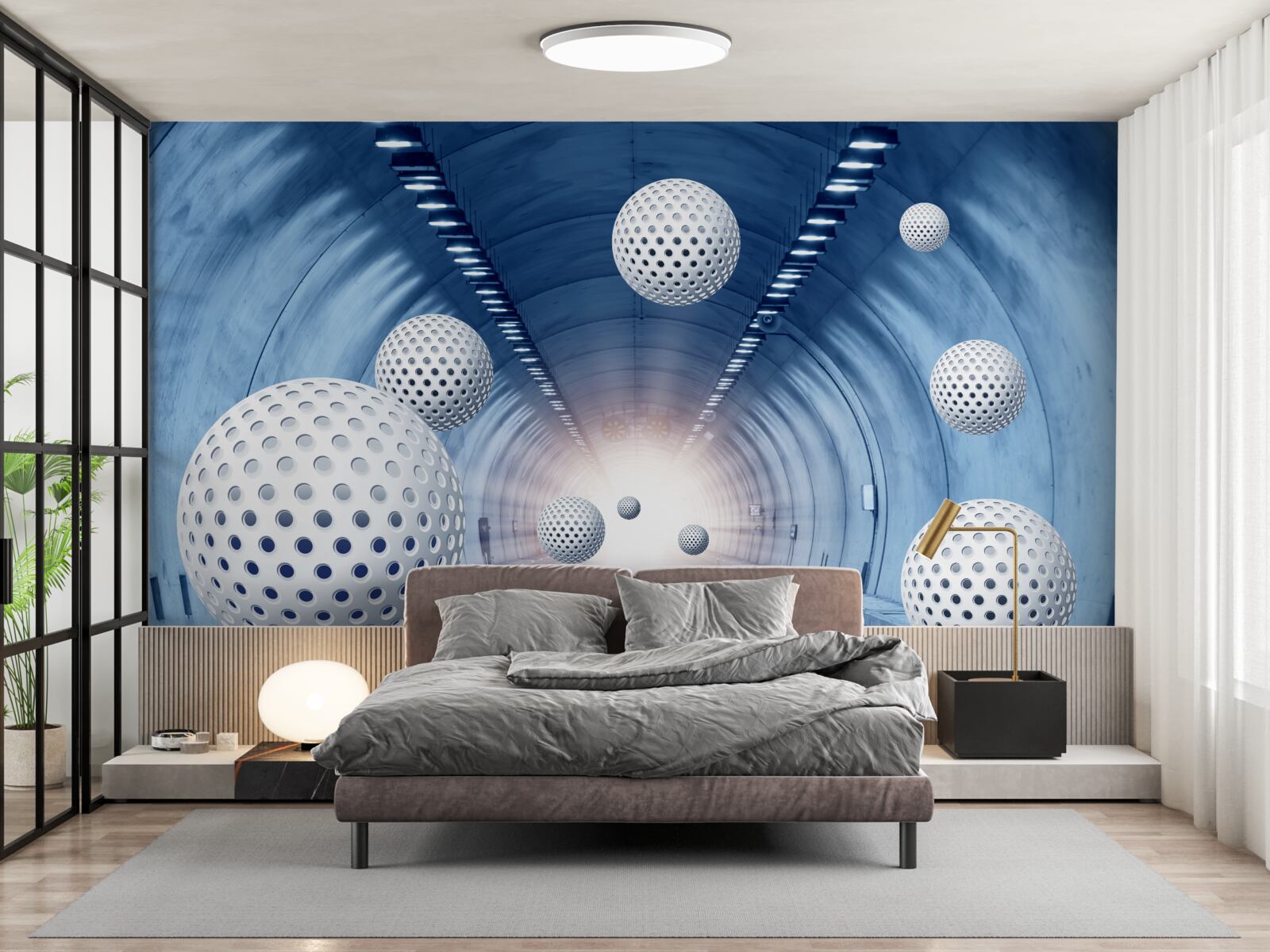 Papier peint transition bleue et boules blanches