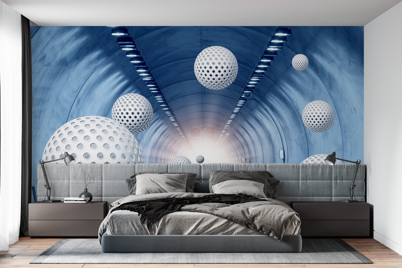 Papier peint transition bleue et boules blanches