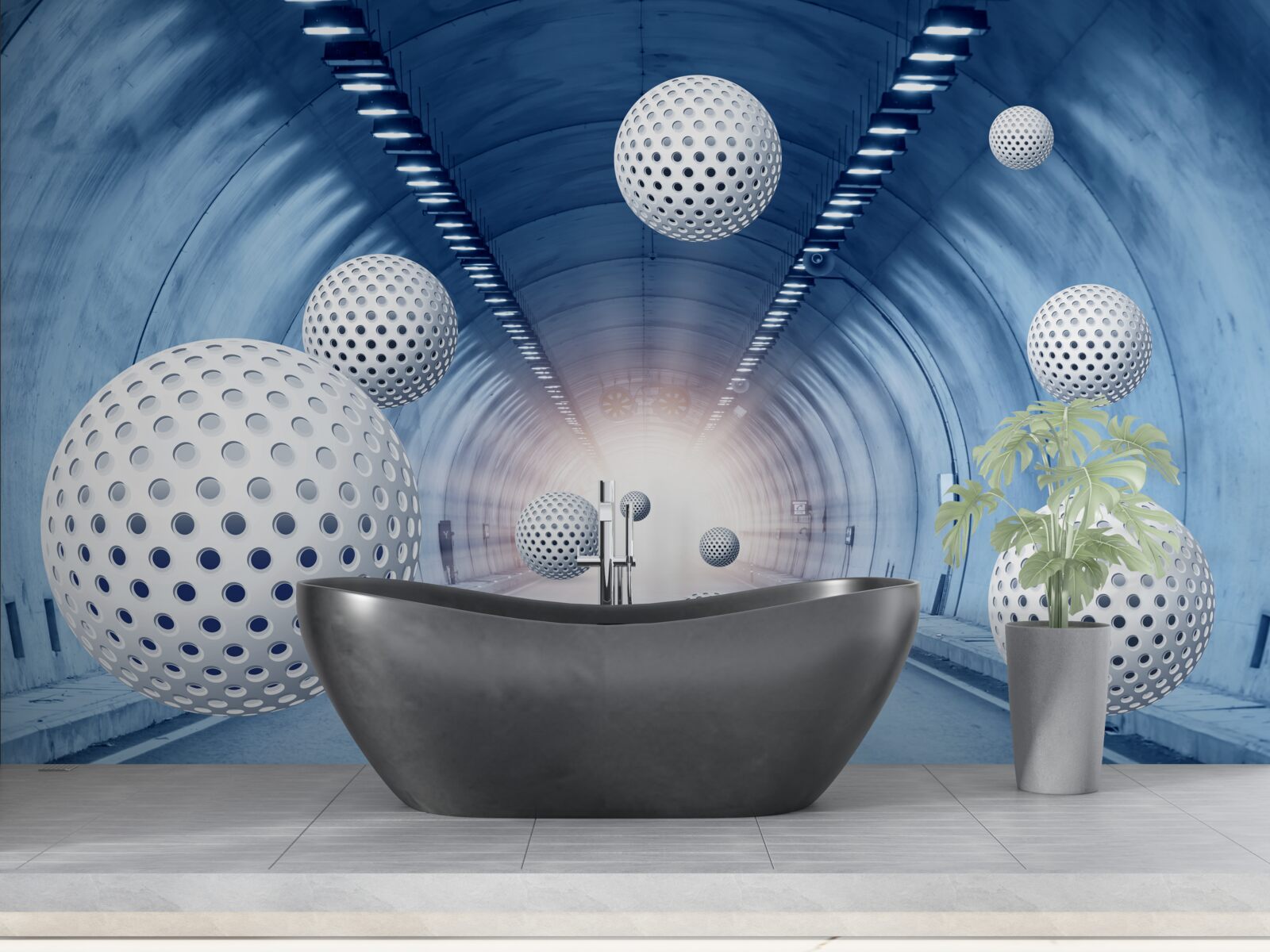 Papier peint transition bleue et boules blanches