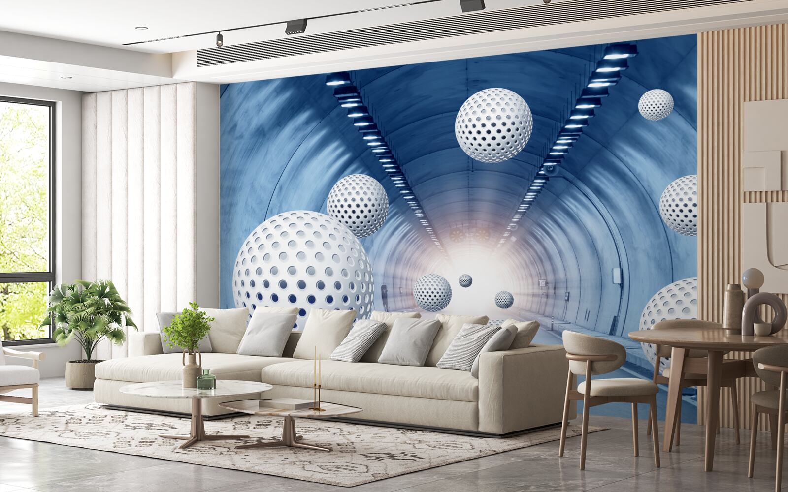 Papier peint transition bleue et boules blanches