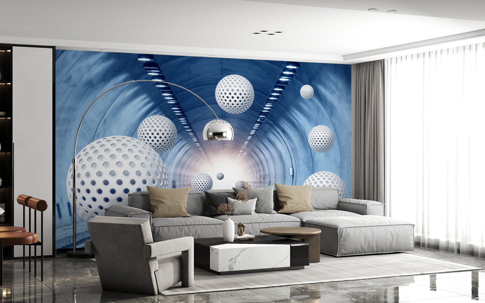 Papier peint transition bleue et boules blanches