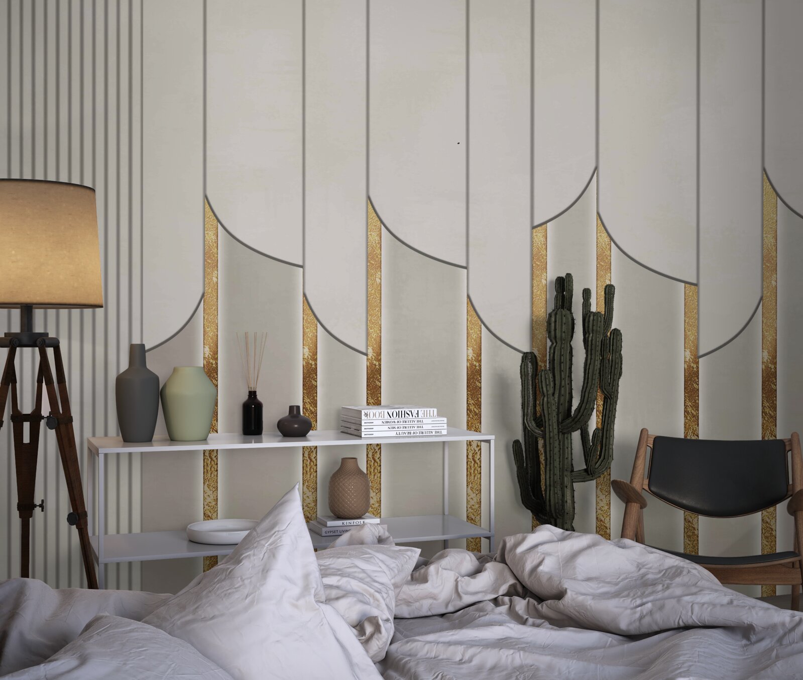 Papier peint parquet décoré d'or, composé de panneaux de bois blancs et gris