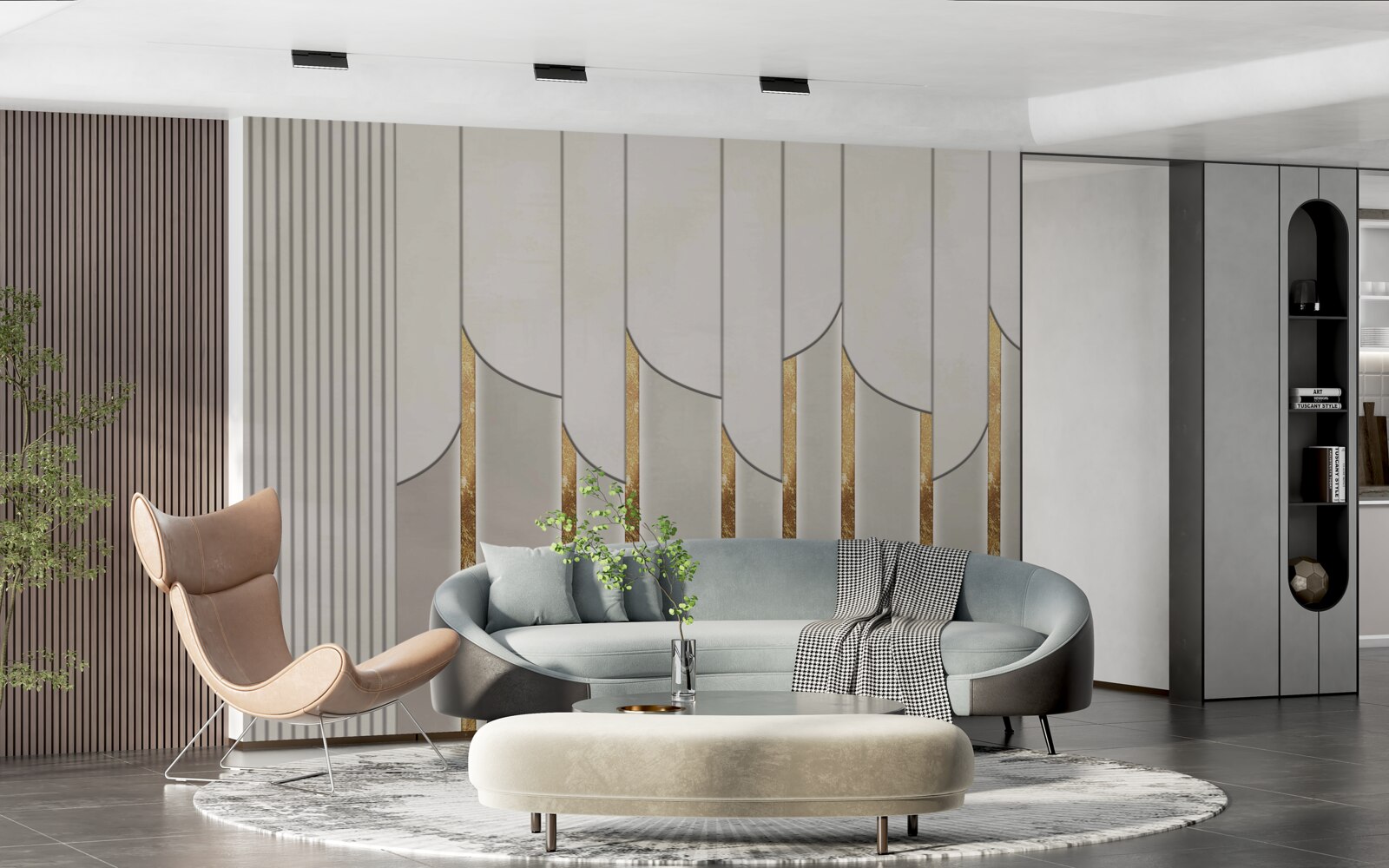 Papier peint parquet décoré d'or, composé de panneaux de bois blancs et gris