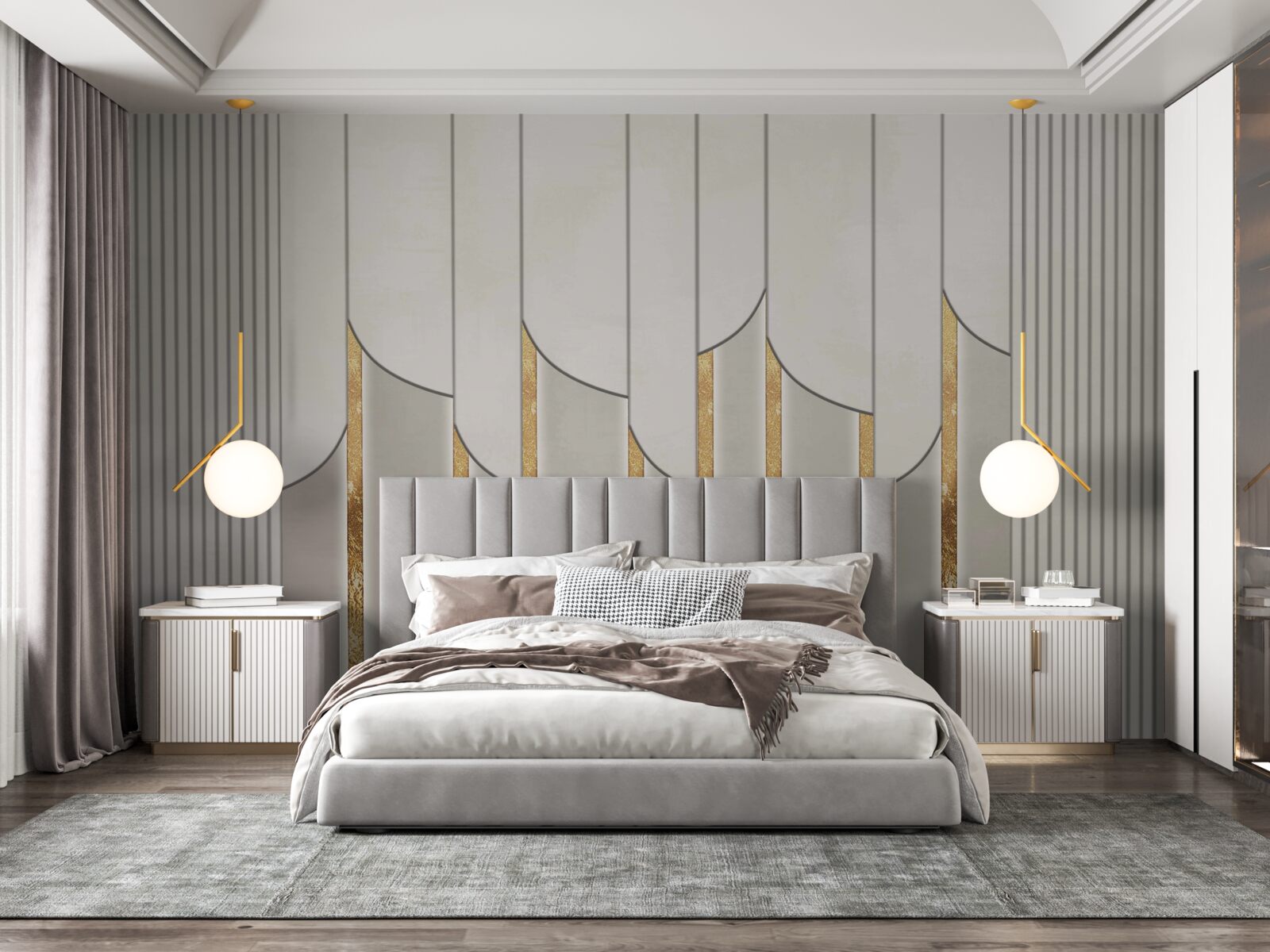 Papier peint parquet décoré d'or, composé de panneaux de bois blancs et gris