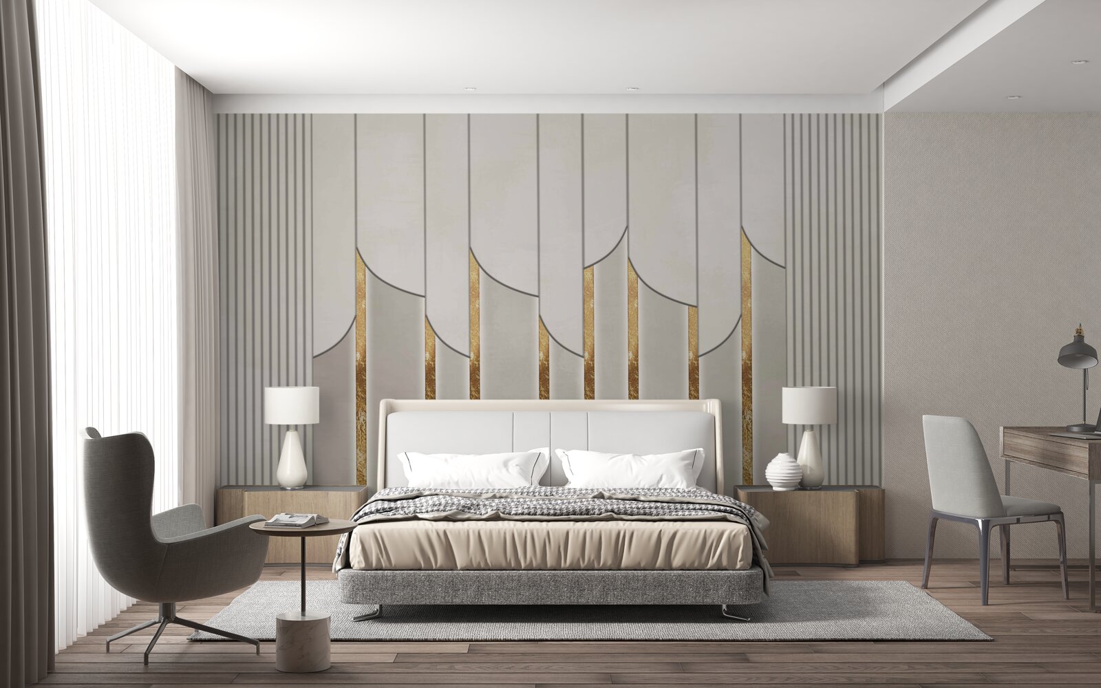 Papier peint parquet décoré d'or, composé de panneaux de bois blancs et gris