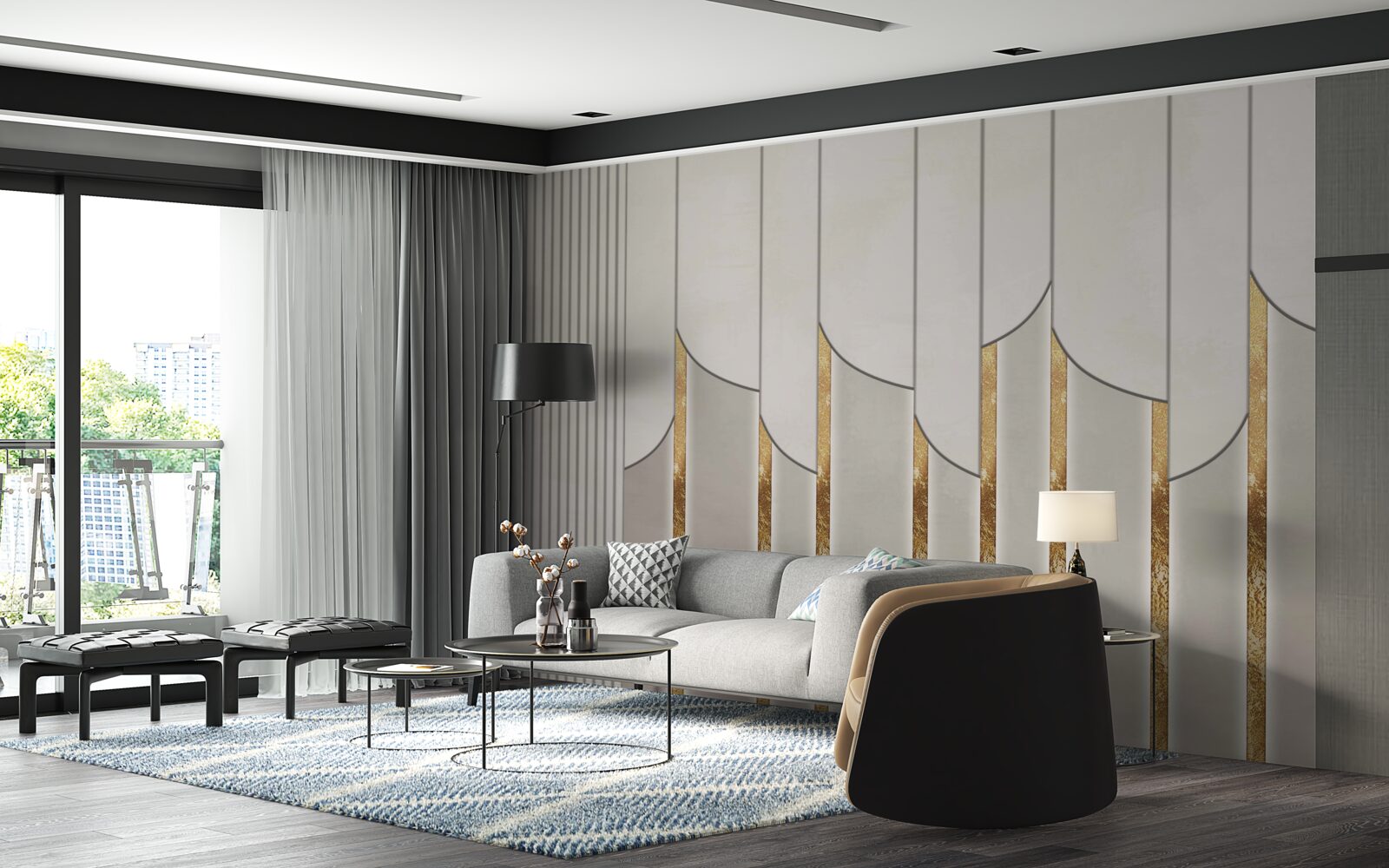 Papier peint parquet décoré d'or, composé de panneaux de bois blancs et gris