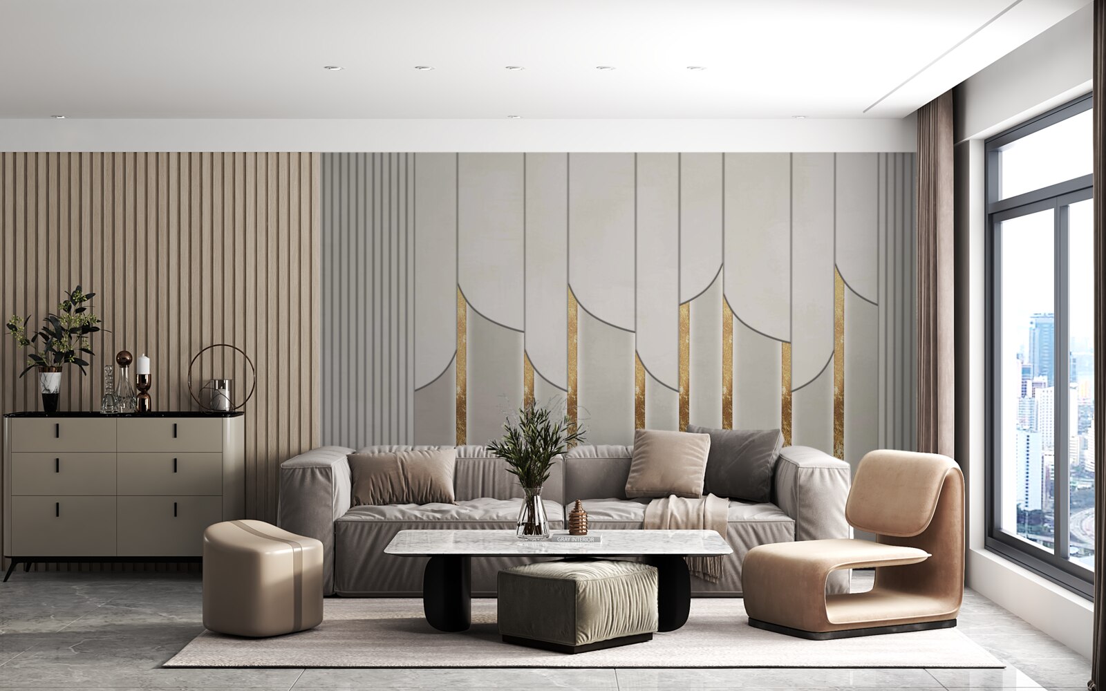 Papier peint parquet décoré d'or, composé de panneaux de bois blancs et gris