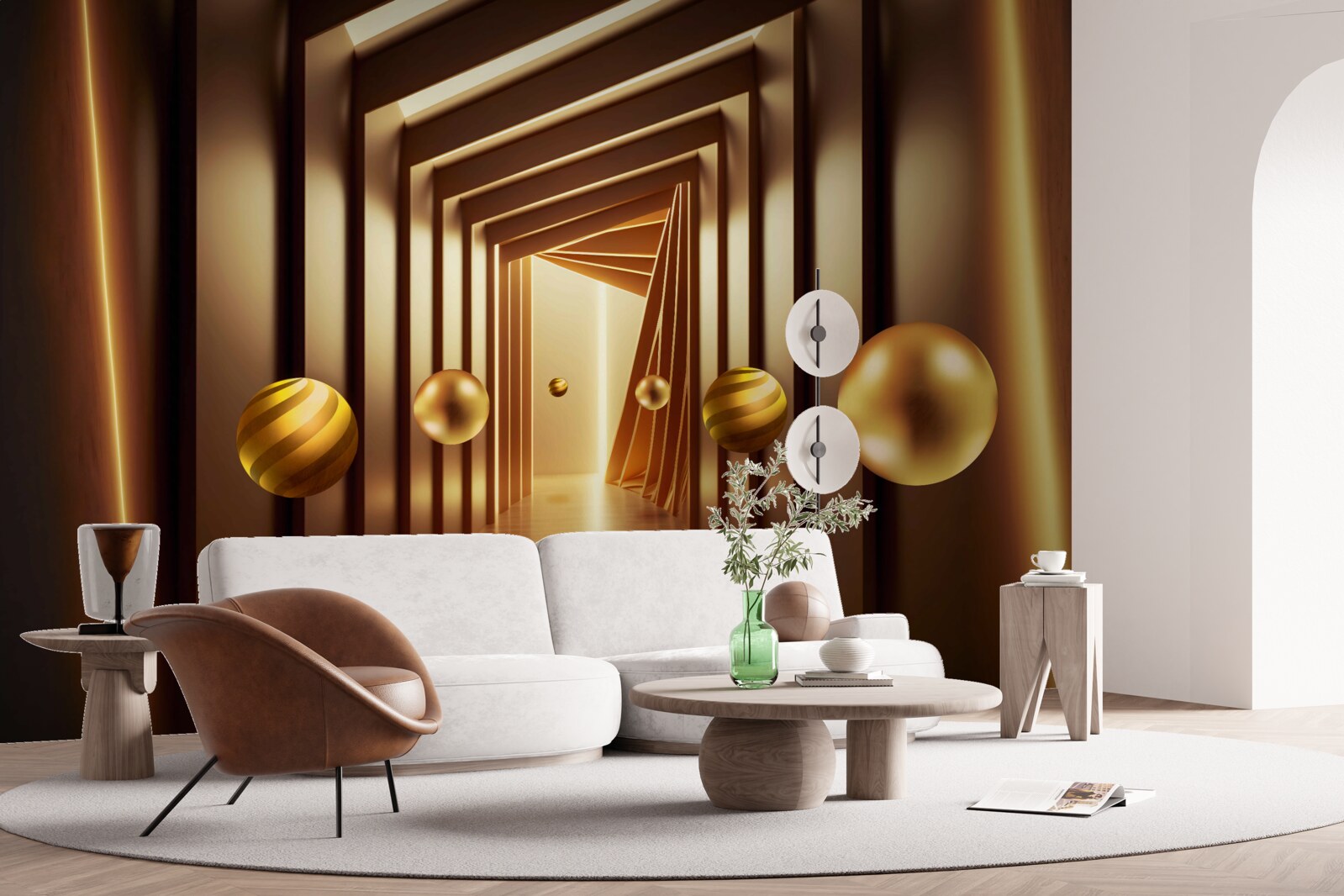 Papier peint boules brunes dans un tunnel brun