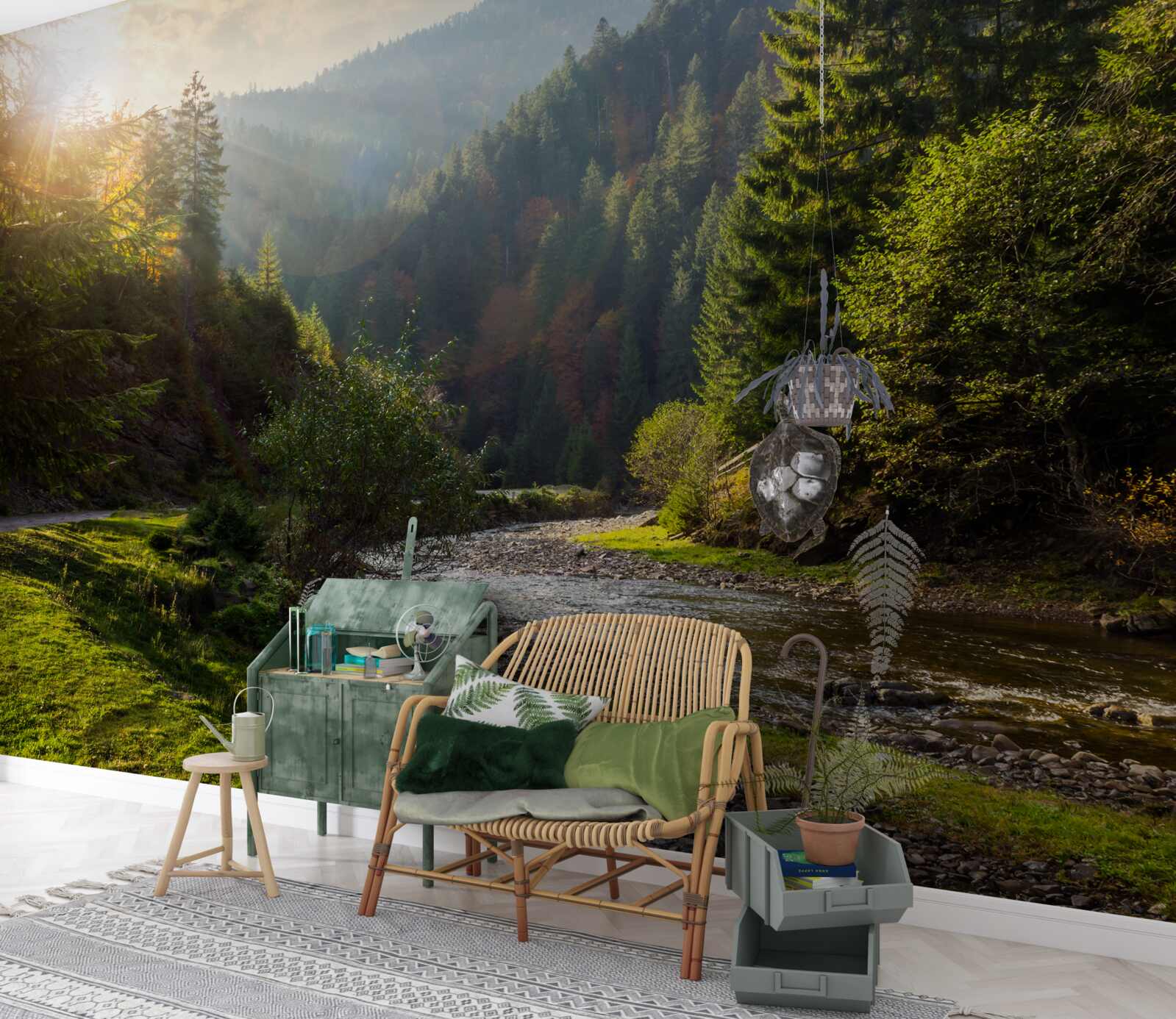 Papier peint sentier de montagne coloré au lever du soleil