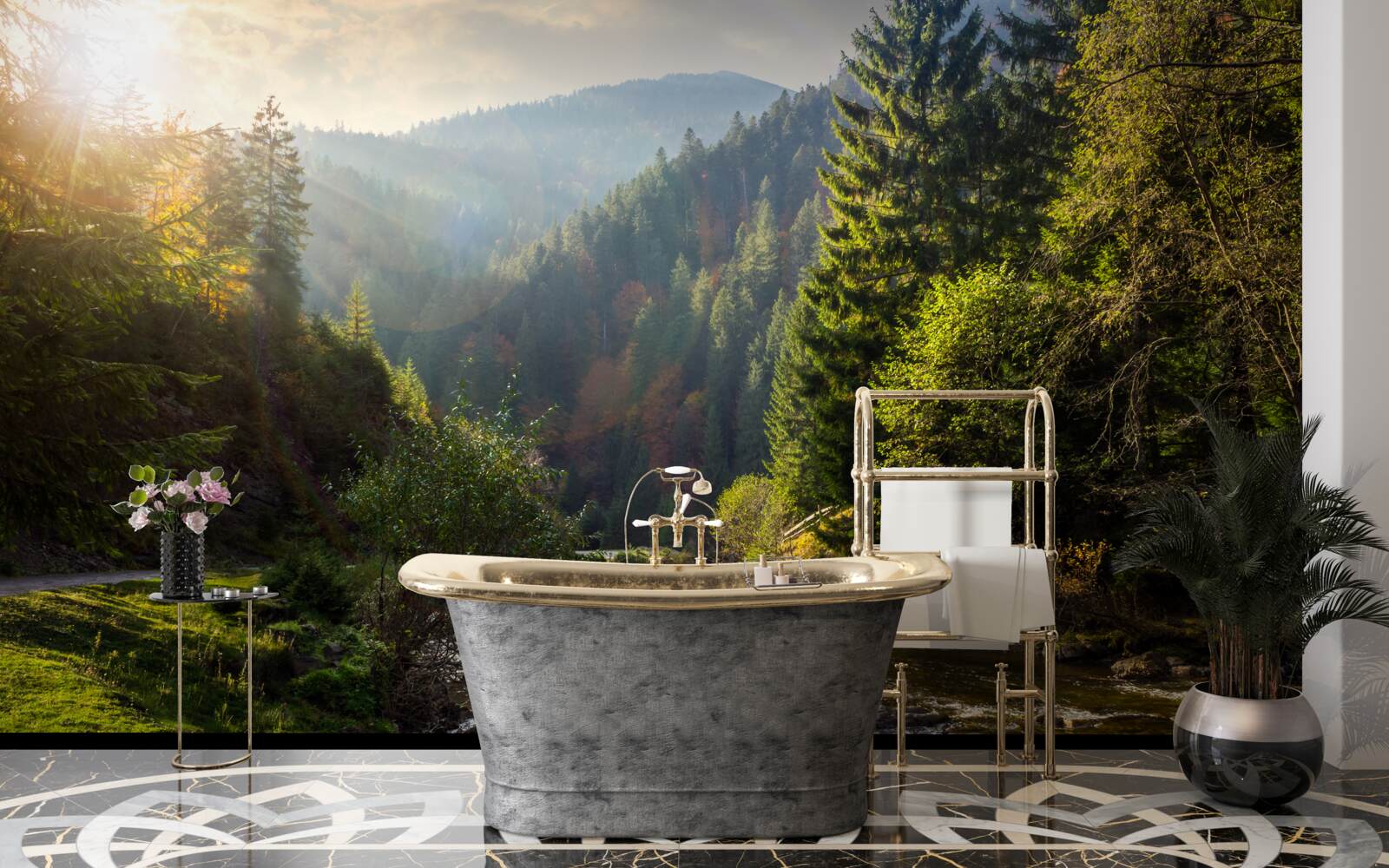 Papier peint sentier de montagne coloré au lever du soleil