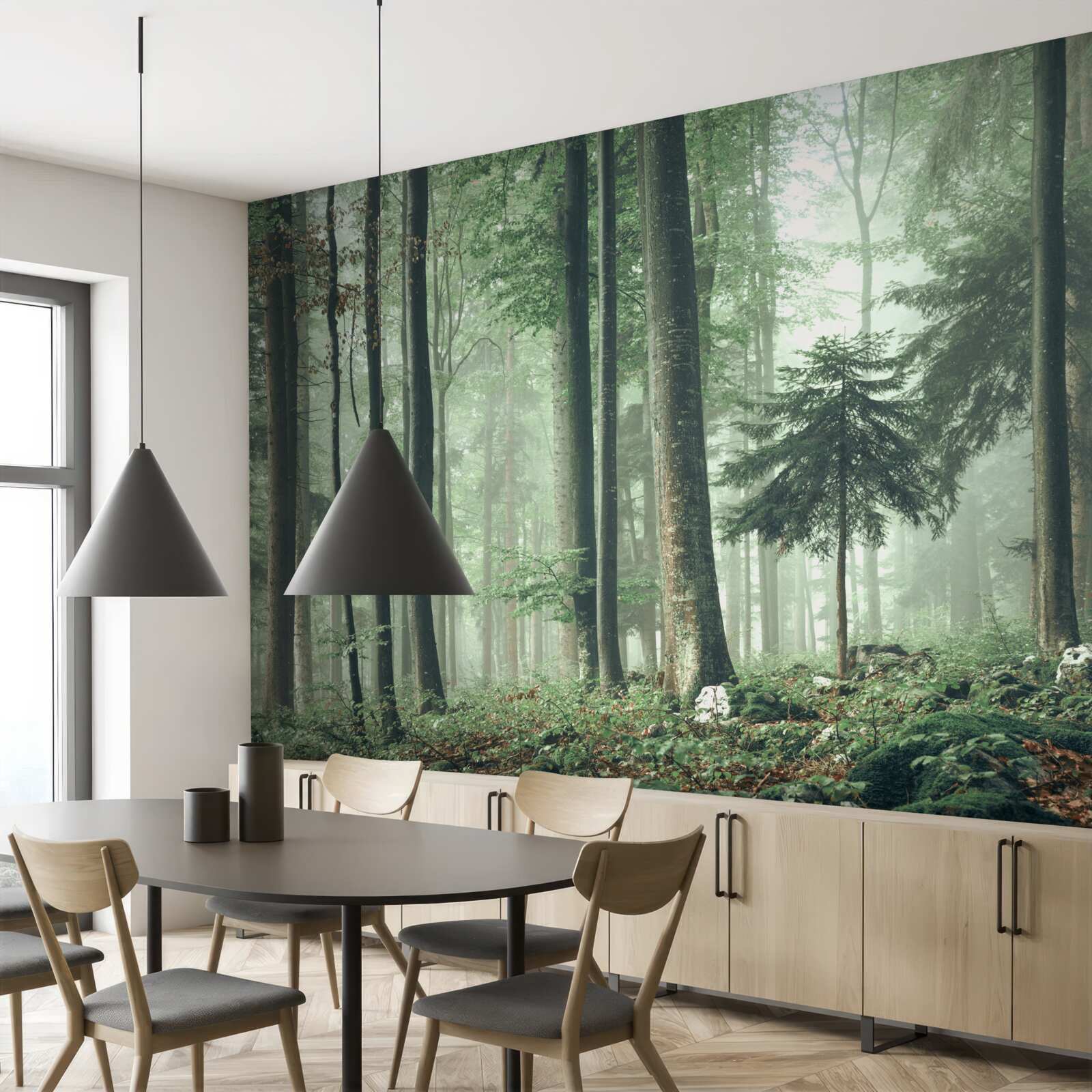 Papier peint Lumière à travers la brume dans une forêt d'arbres à feuilles caduques