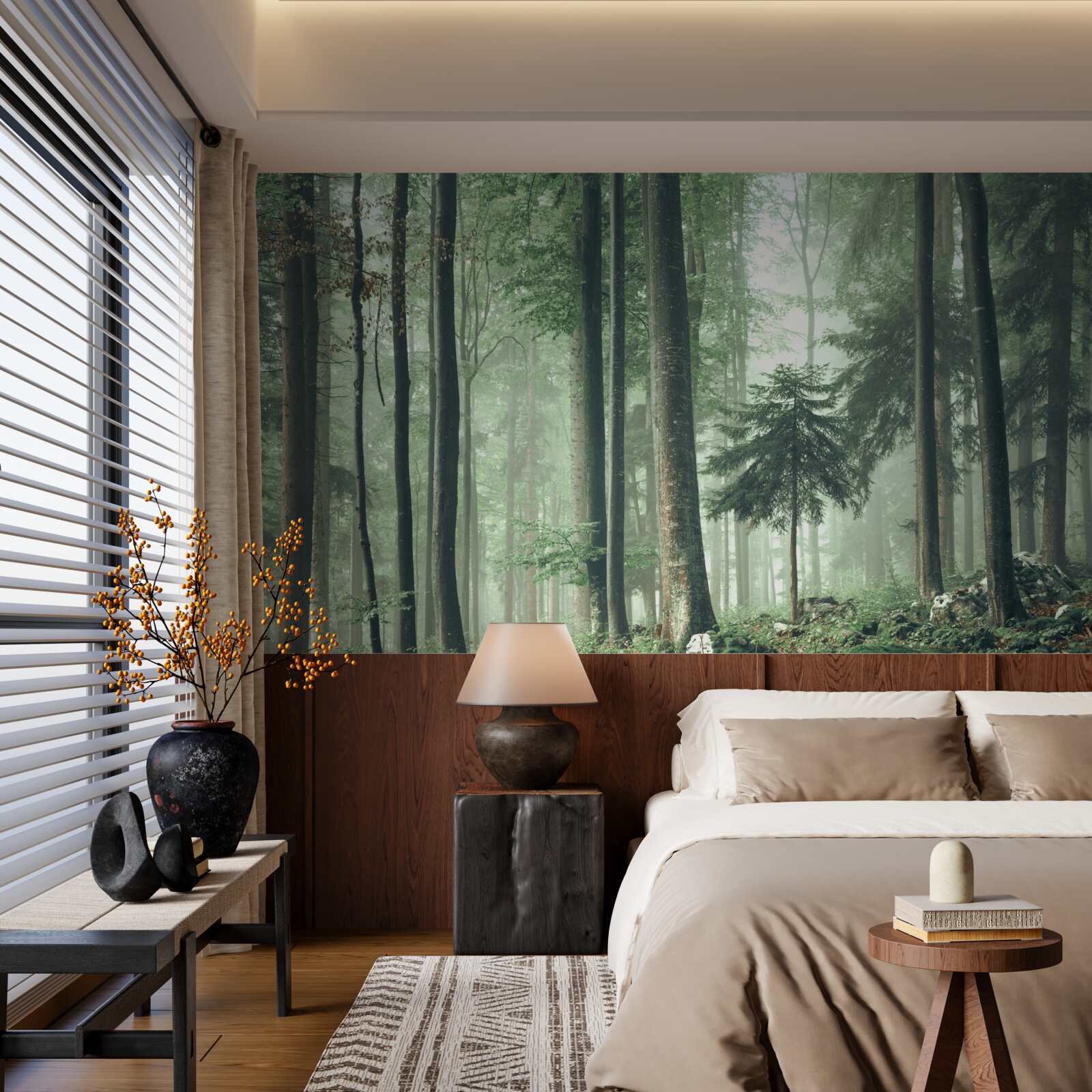 Papier peint Lumière à travers la brume dans une forêt d'arbres à feuilles caduques