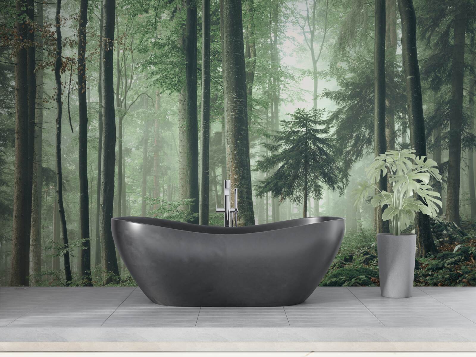 Papier peint Lumière à travers la brume dans une forêt d'arbres à feuilles caduques