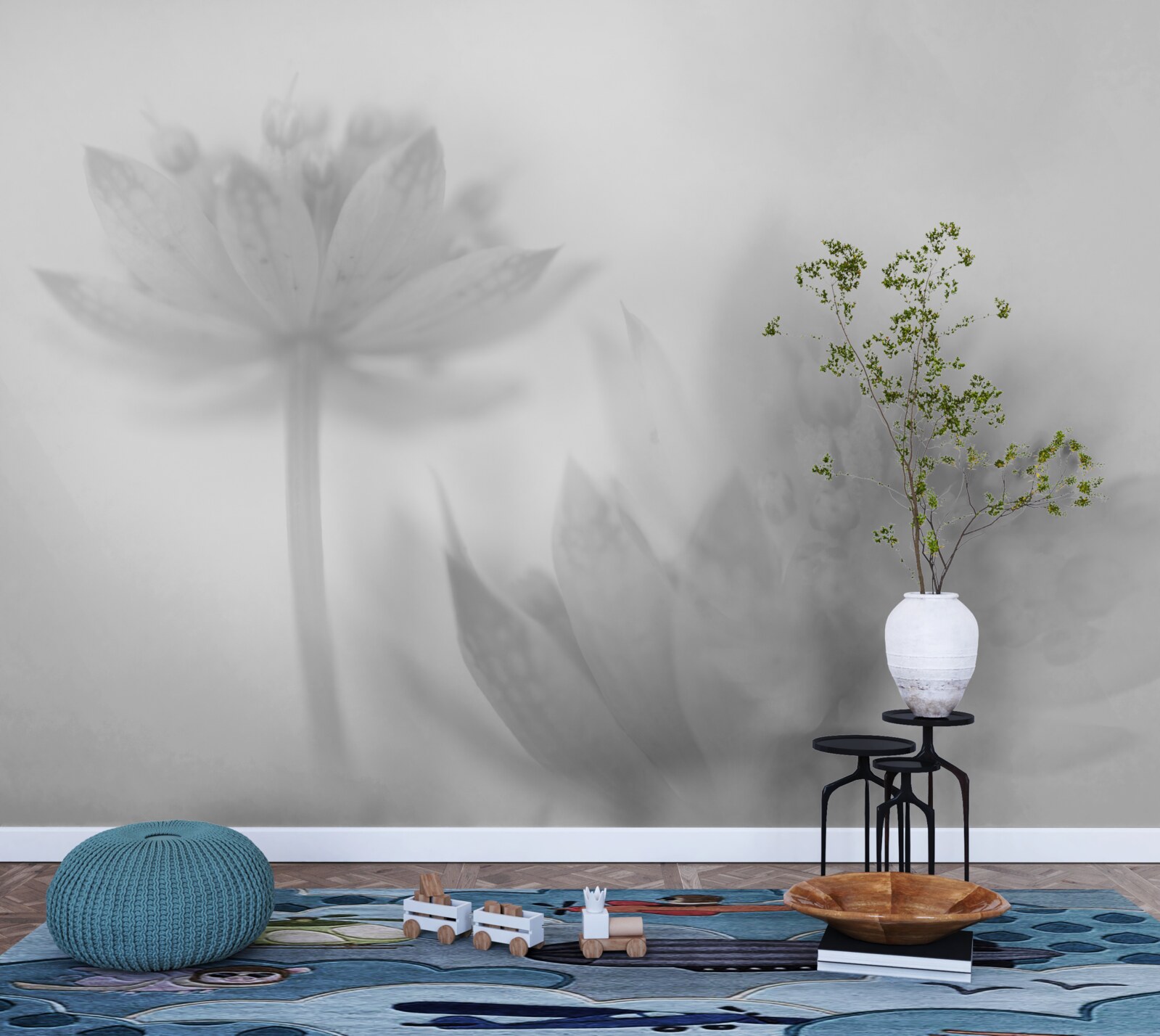 Papier peint lotus en noir et blanc