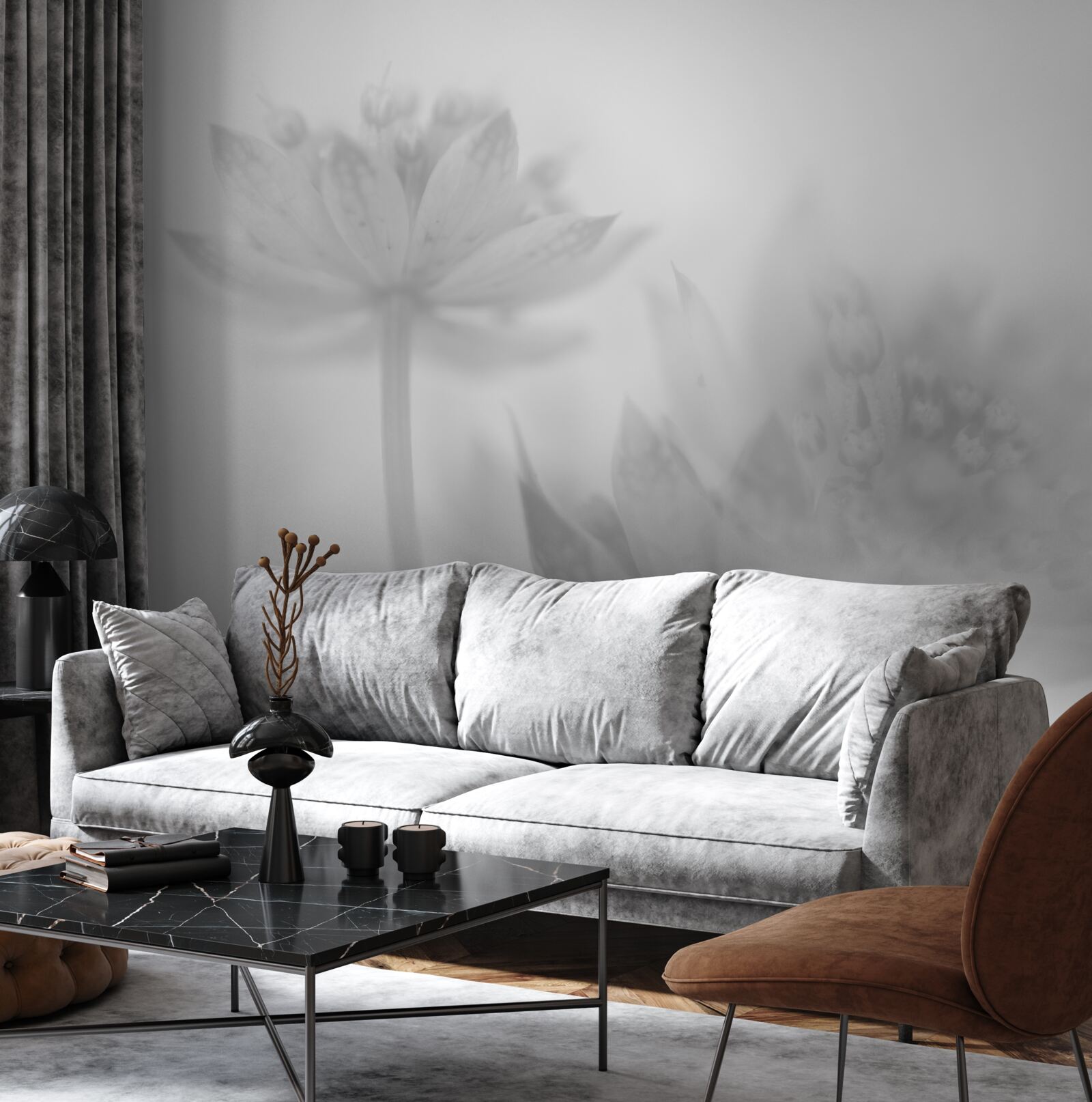 Papier peint lotus en noir et blanc