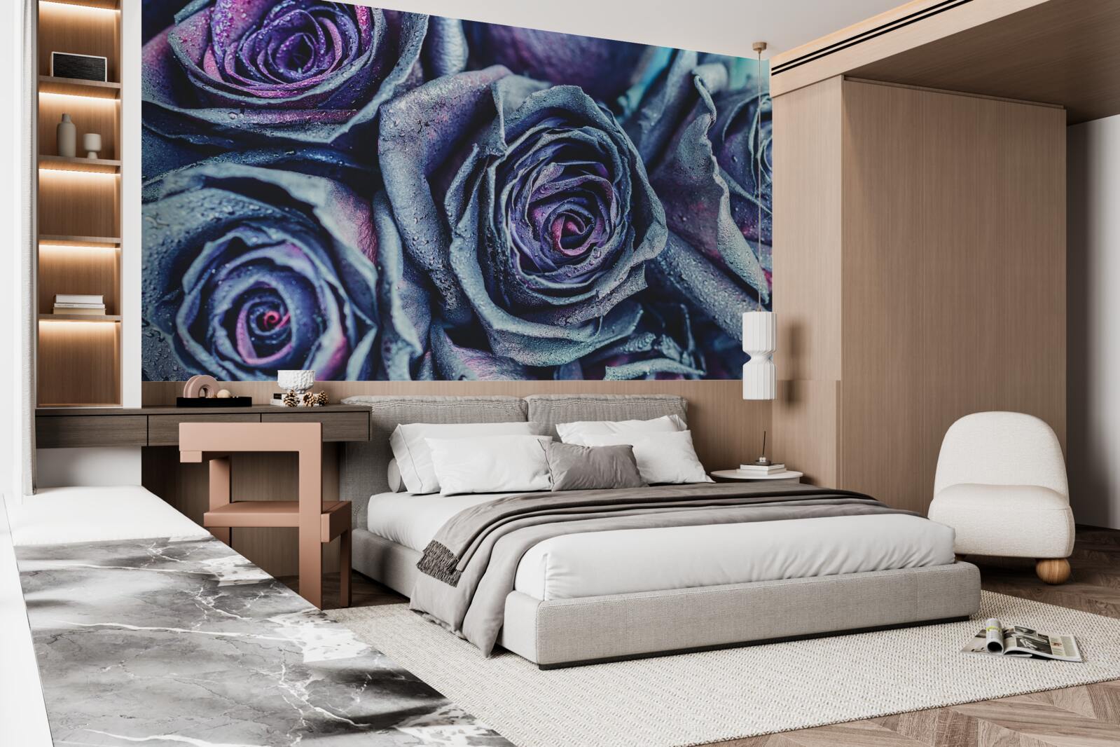 Papier peint bouquet de roses blanches et violettes