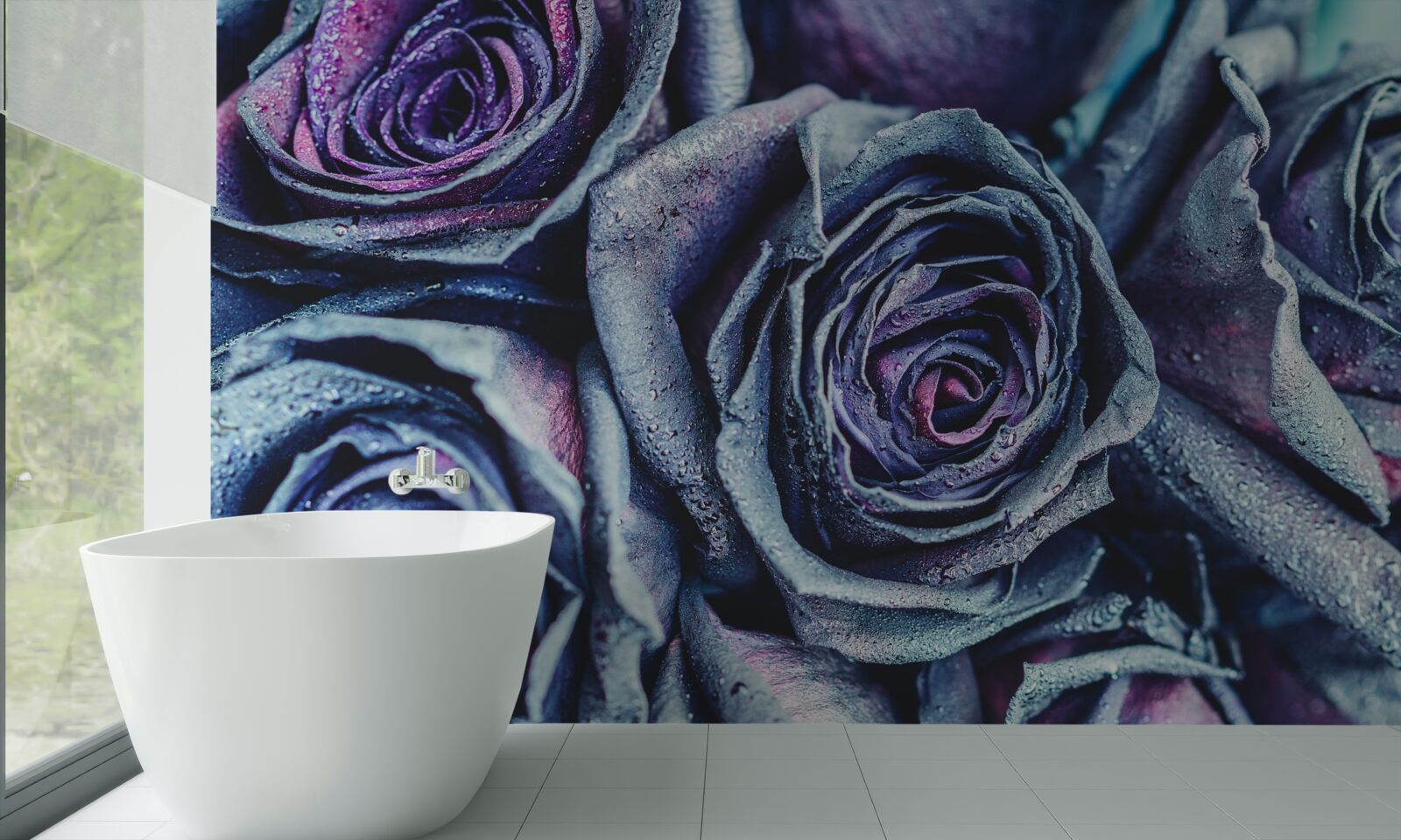 Papier peint bouquet de roses blanches et violettes