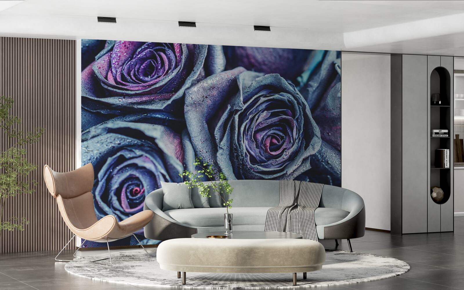 Papier peint bouquet de roses blanches et violettes