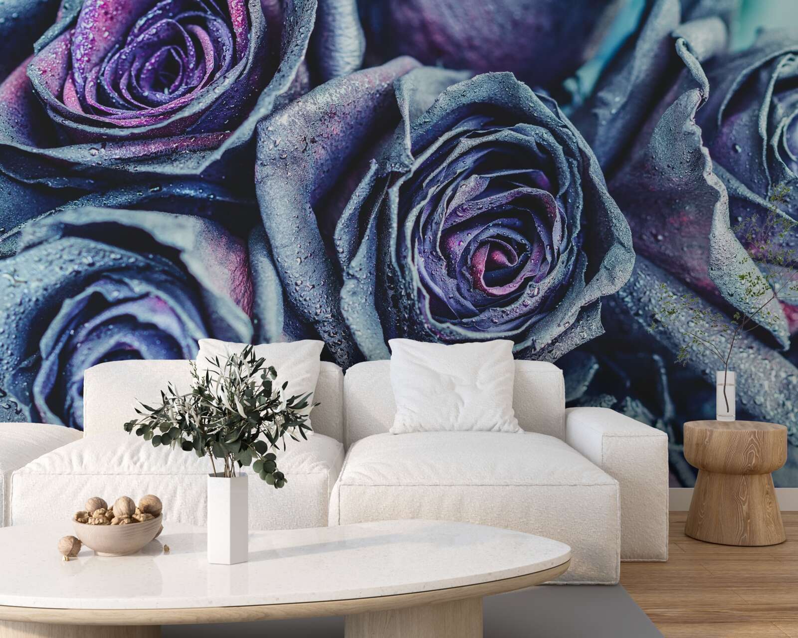 Papier peint bouquet de roses blanches et violettes