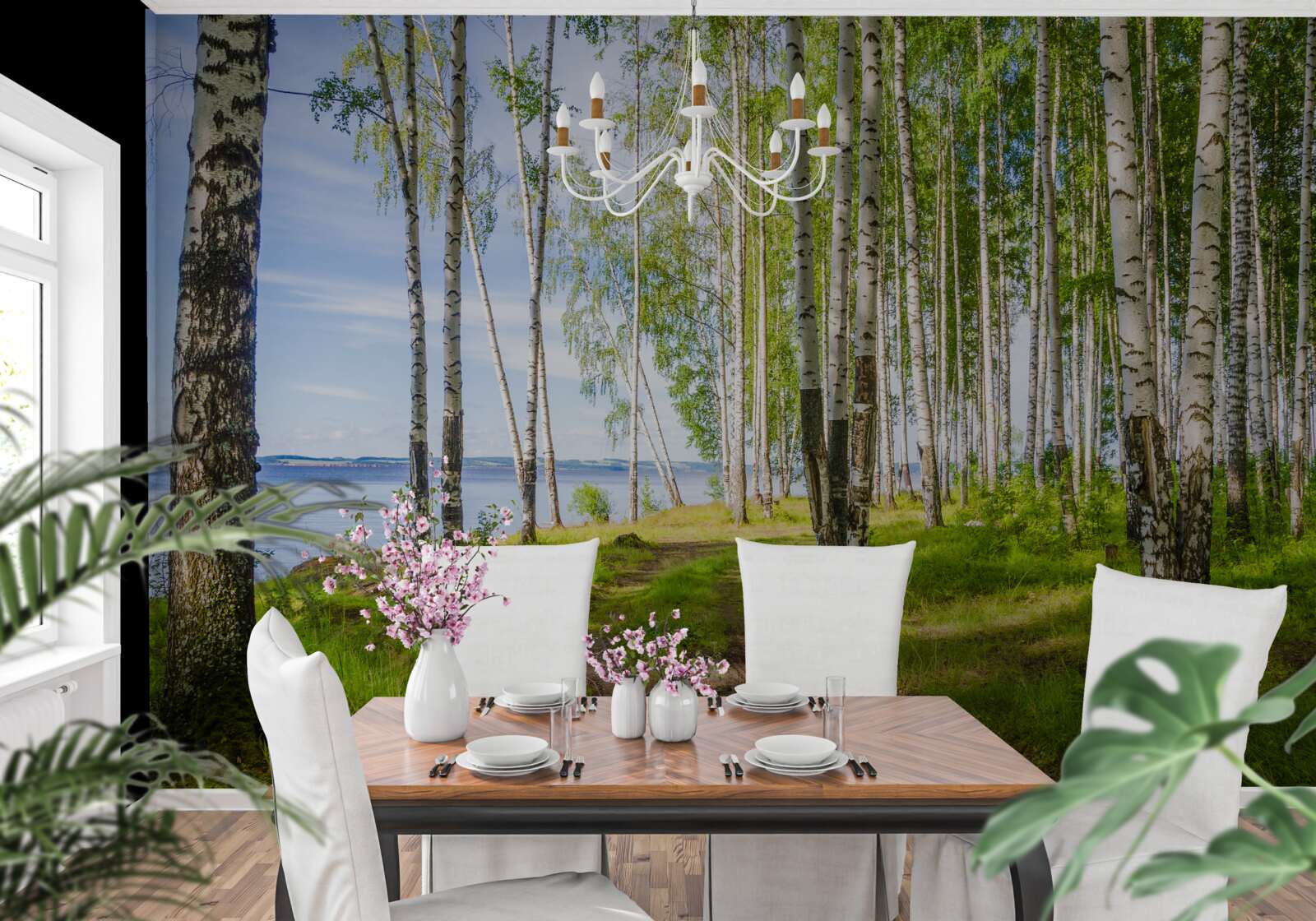 Papier peint clairière de bouleaux près du lac, entourée de verdure