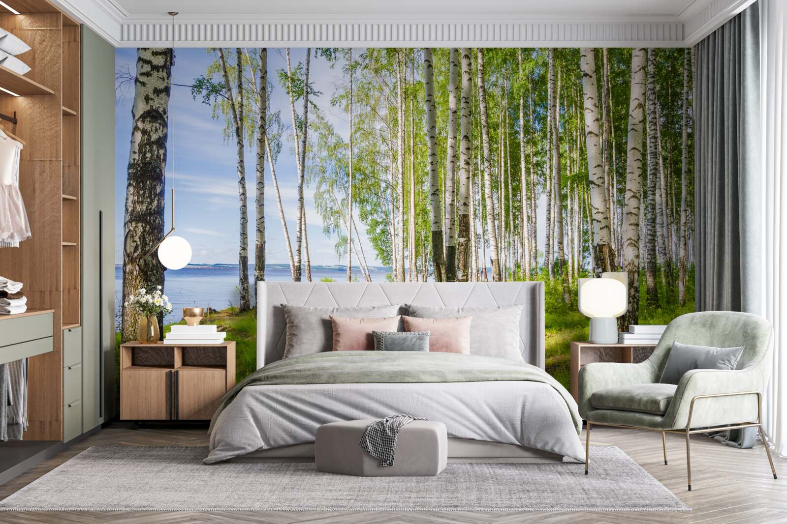 Papier peint clairière de bouleaux près du lac, entourée de verdure