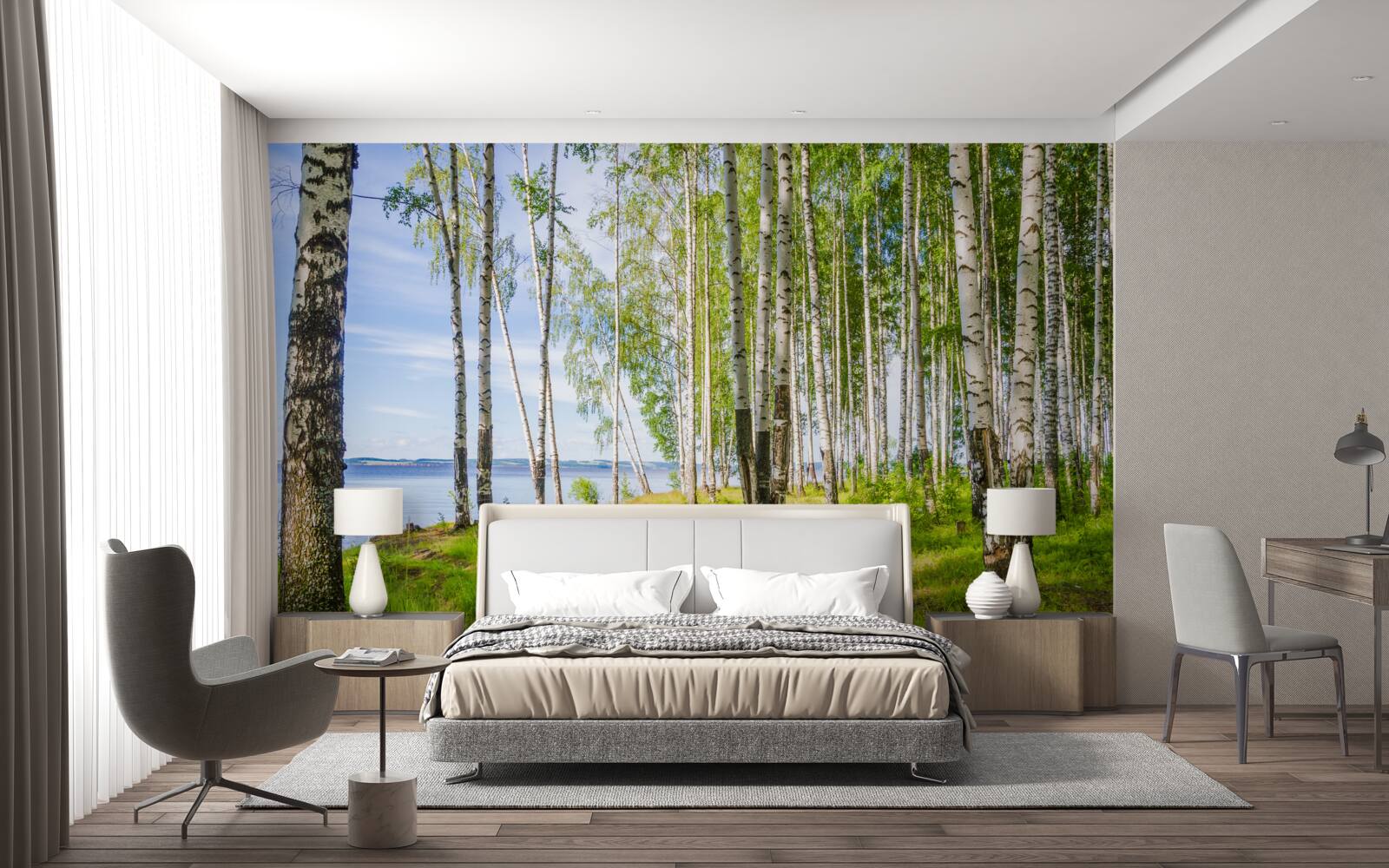 Papier peint clairière de bouleaux près du lac, entourée de verdure
