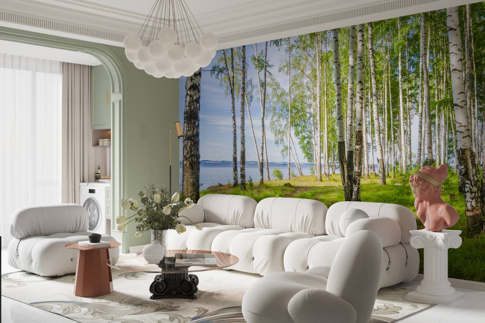 Papier peint clairière de bouleaux près du lac, entourée de verdure