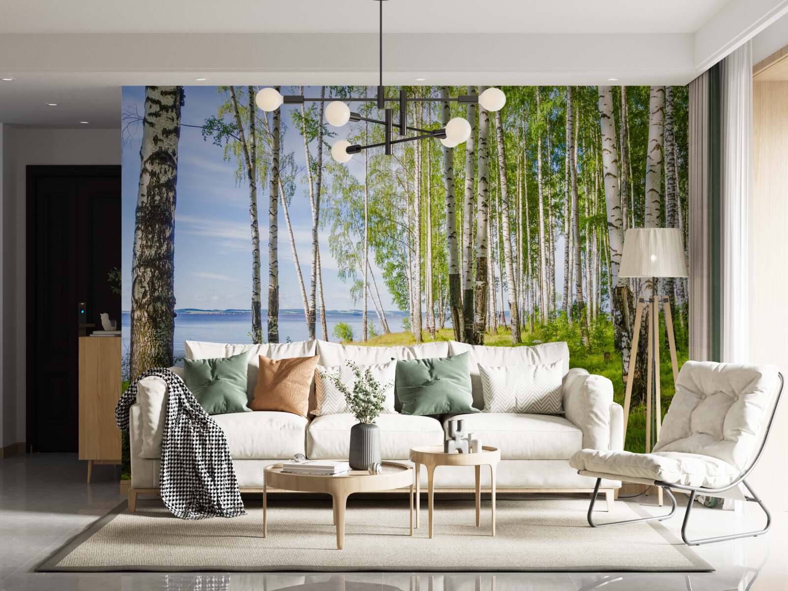 Papier peint clairière de bouleaux près du lac, entourée de verdure