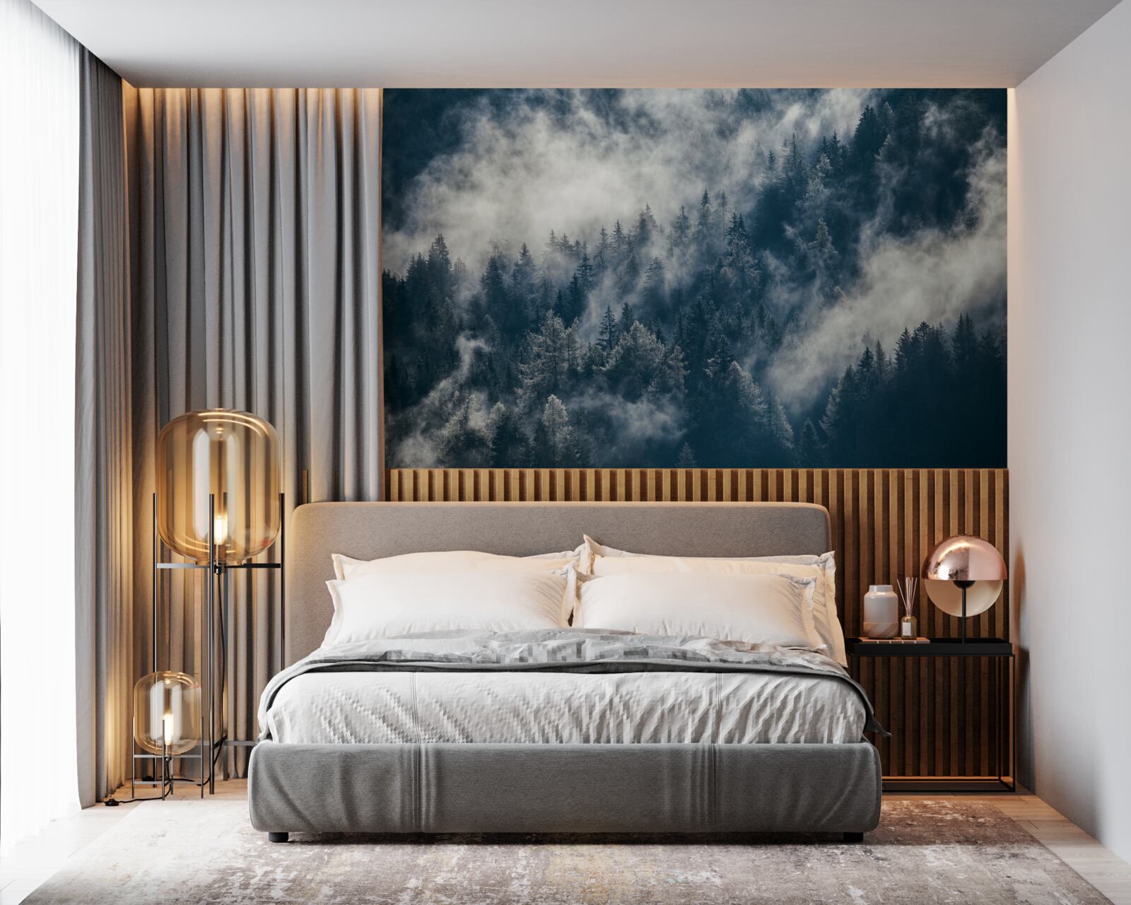 Papier peint un épais brouillard enveloppe la forêt la nuit