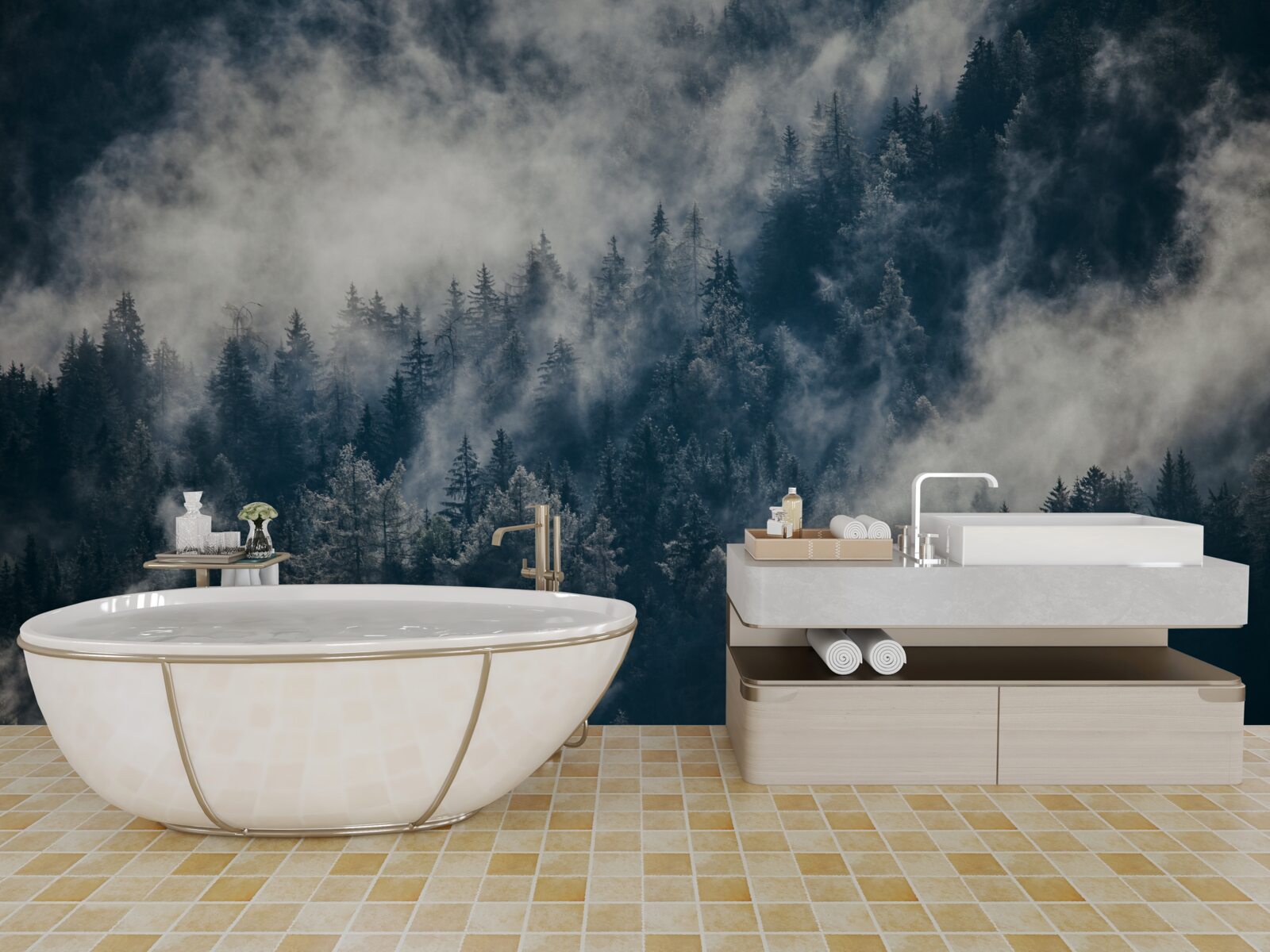 Papier peint un épais brouillard enveloppe la forêt la nuit