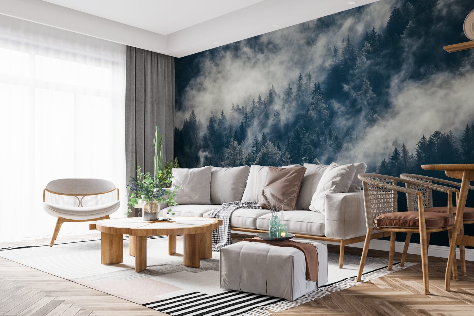 Papier peint un épais brouillard enveloppe la forêt la nuit