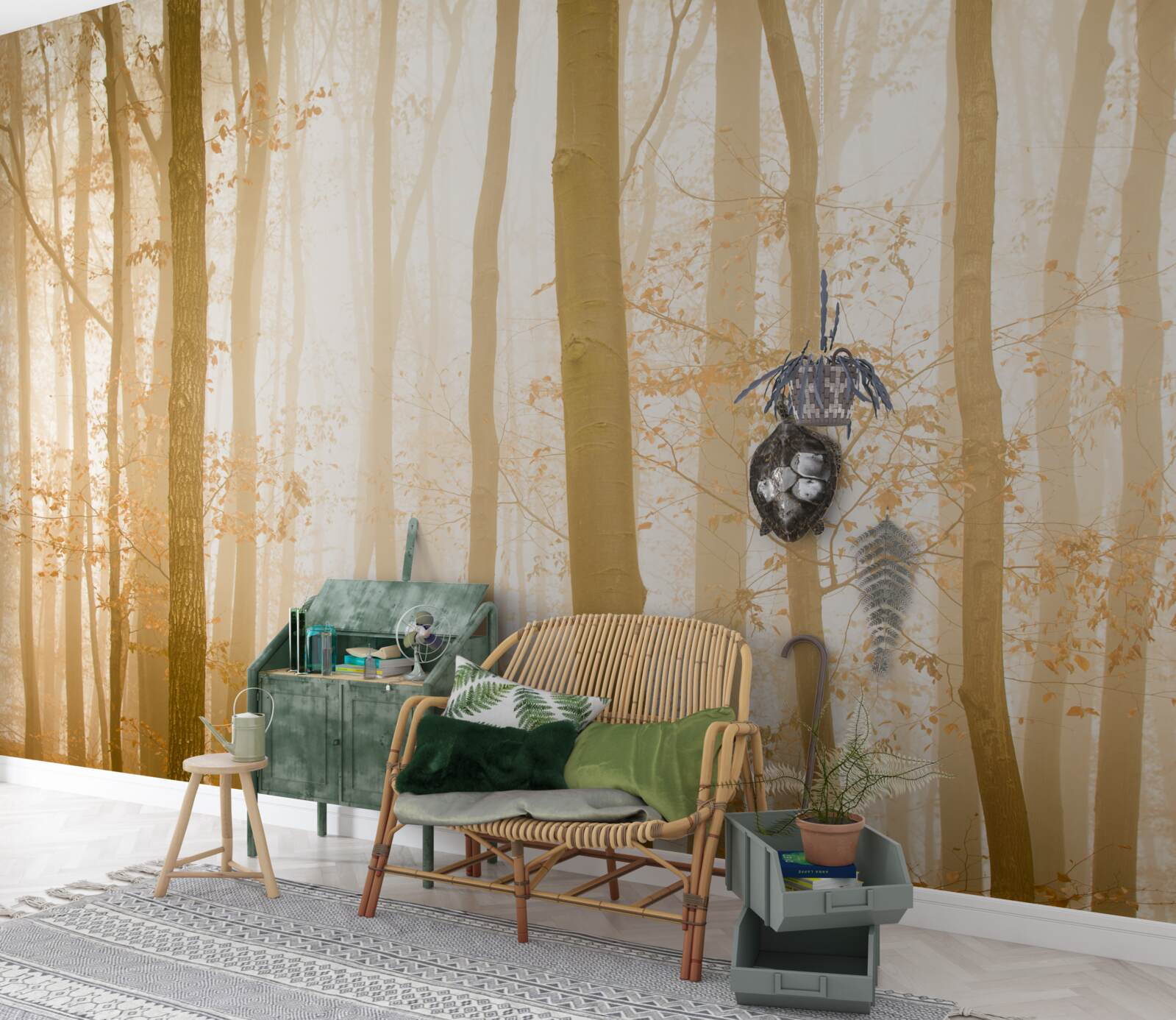 Papier peint les rayons du soleil pénètrent le brouillard dans la forêt dense