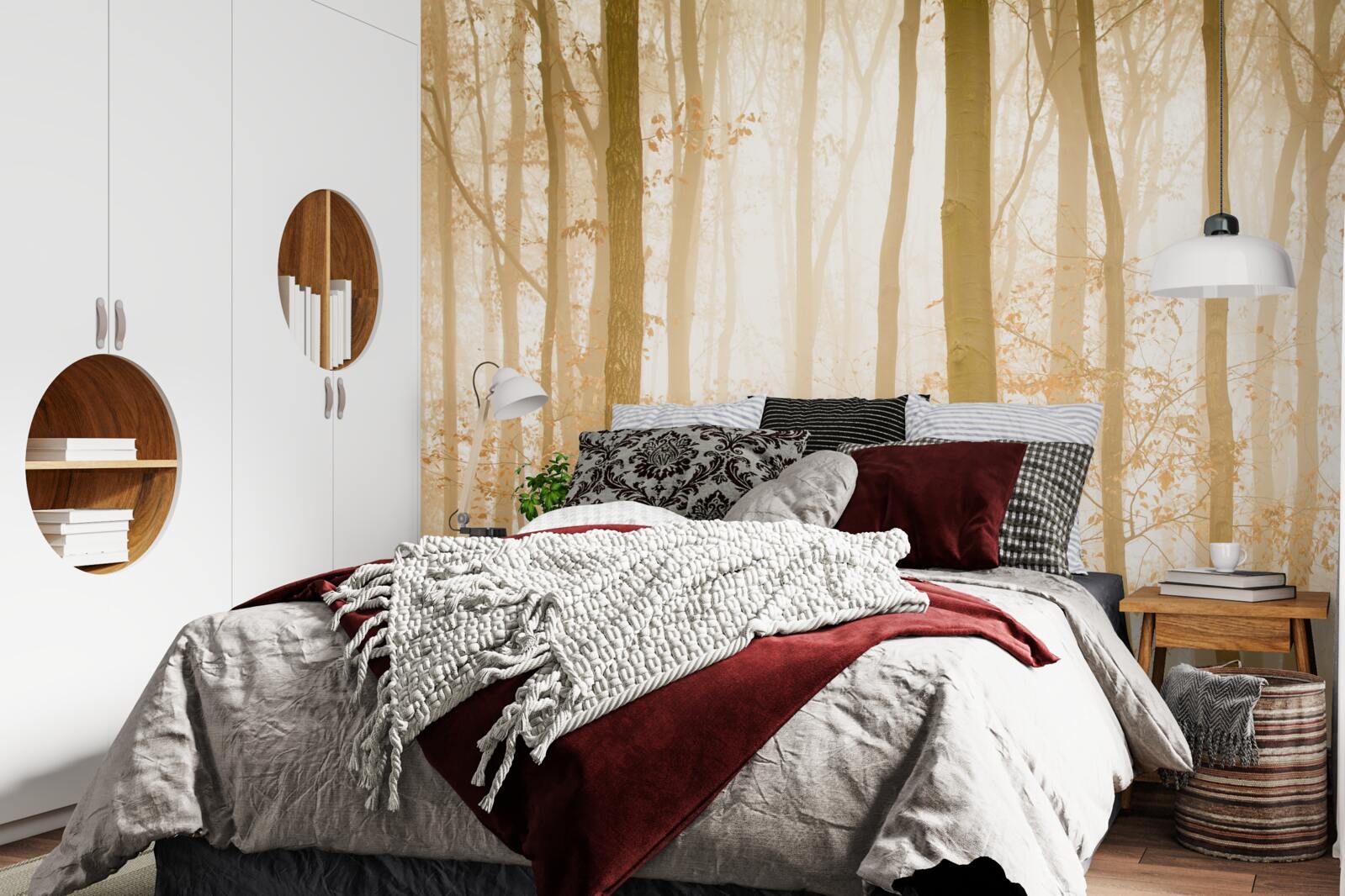 Papier peint les rayons du soleil pénètrent le brouillard dans la forêt dense