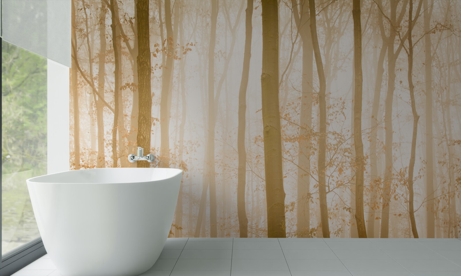 Papier peint les rayons du soleil pénètrent le brouillard dans la forêt dense