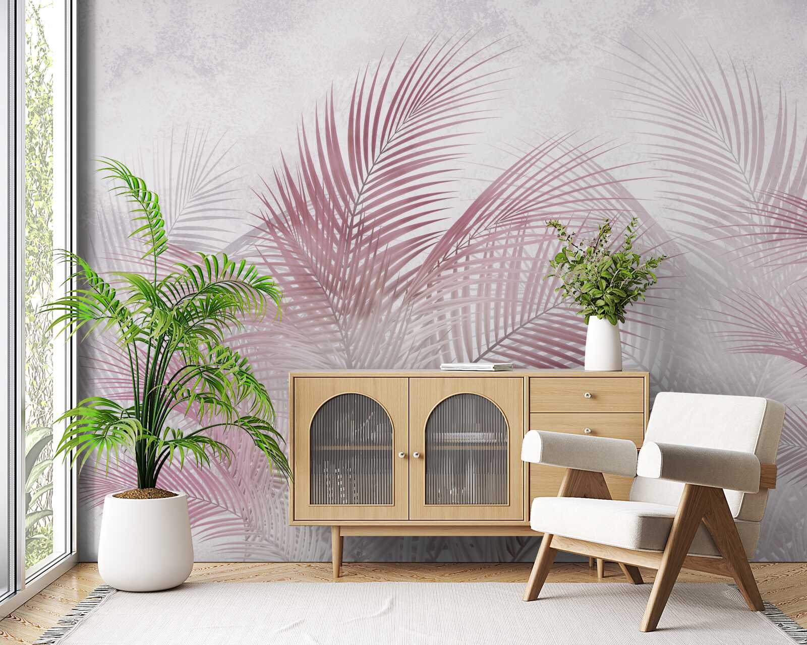 Papier peint Feuilles de palmier roses et brumeuses