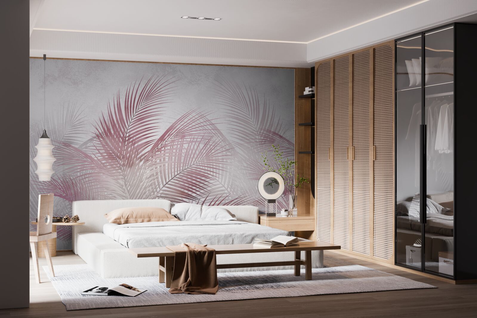 Papier peint Feuilles de palmier roses et brumeuses