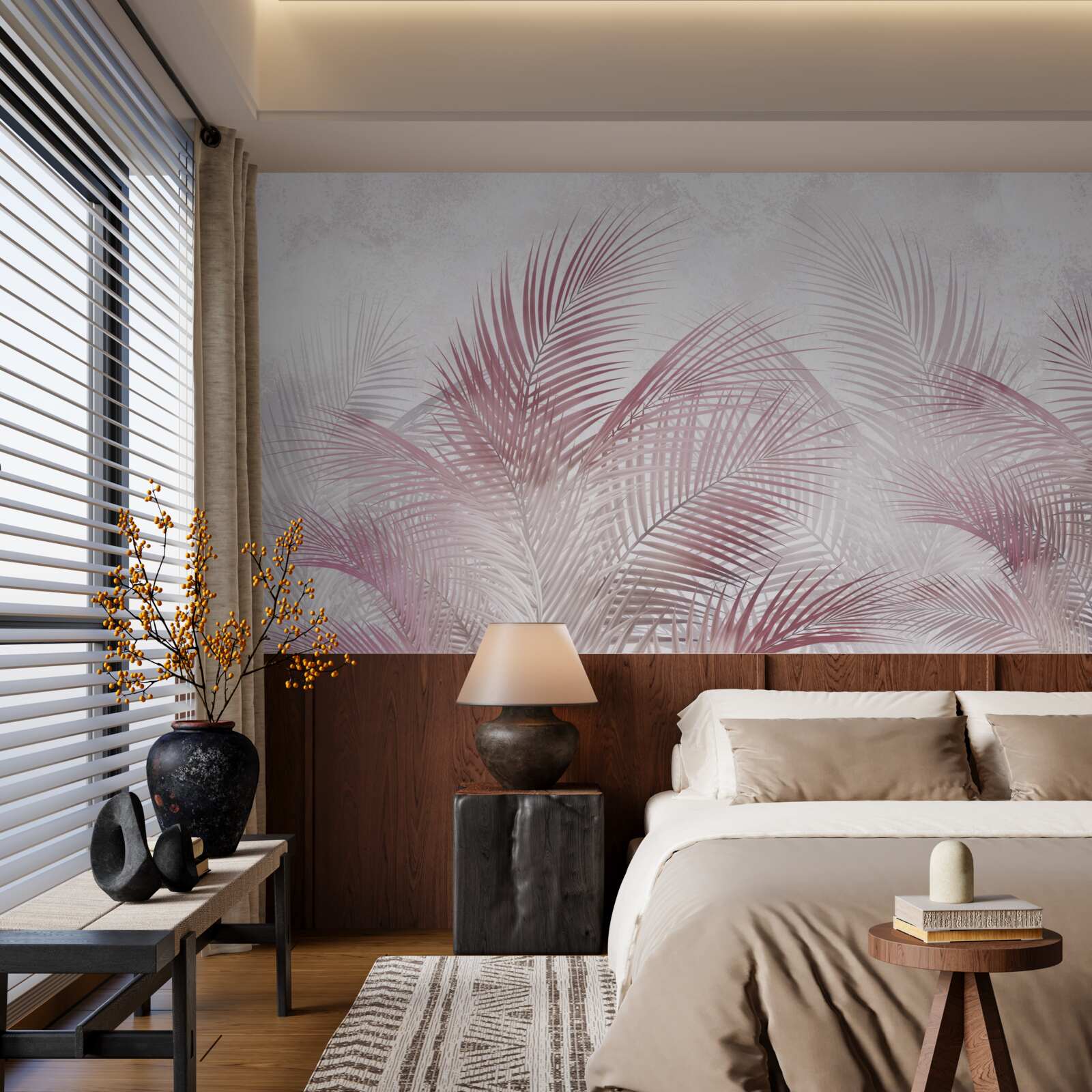 Papier peint Feuilles de palmier roses et brumeuses