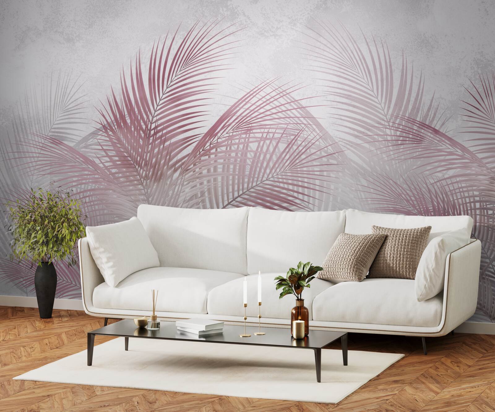Papier peint Feuilles de palmier roses et brumeuses