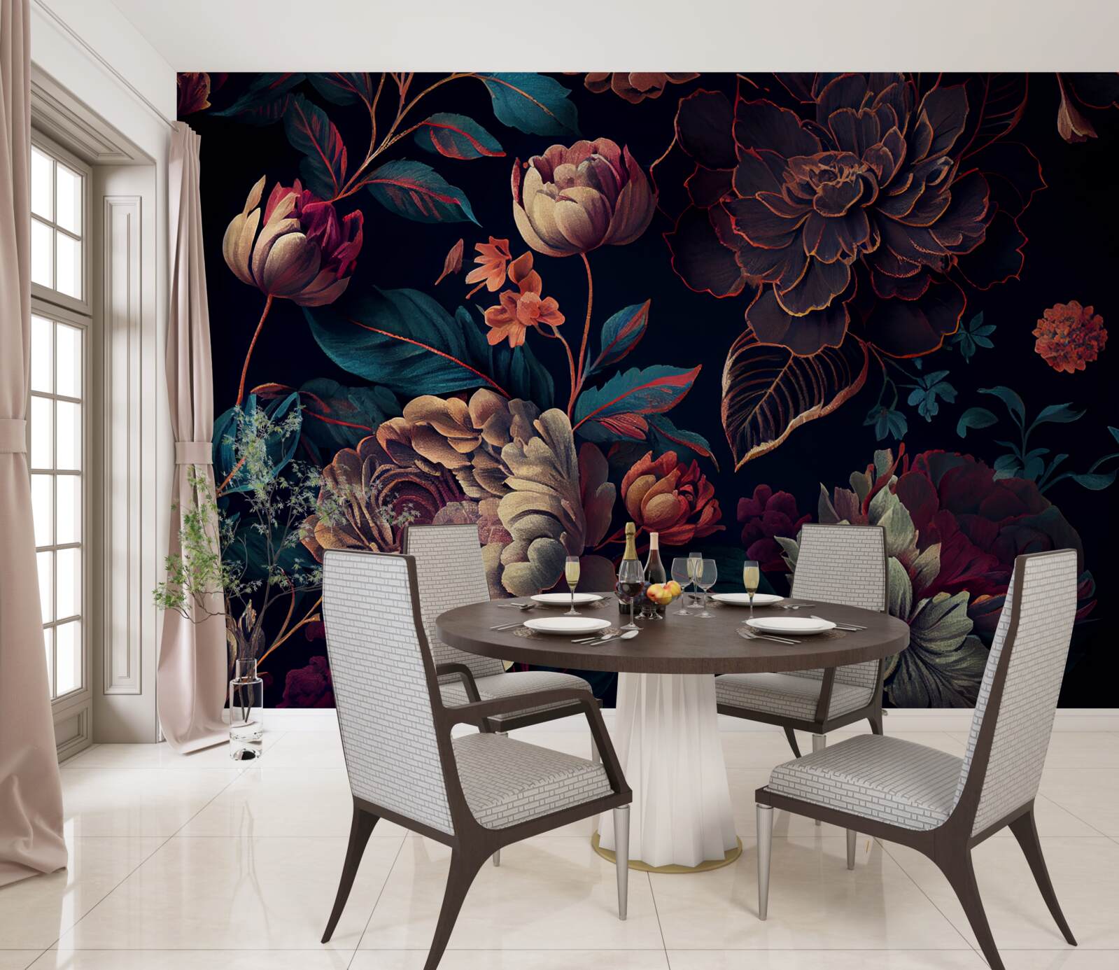 Papier peint mélange de belles fleurs foncées