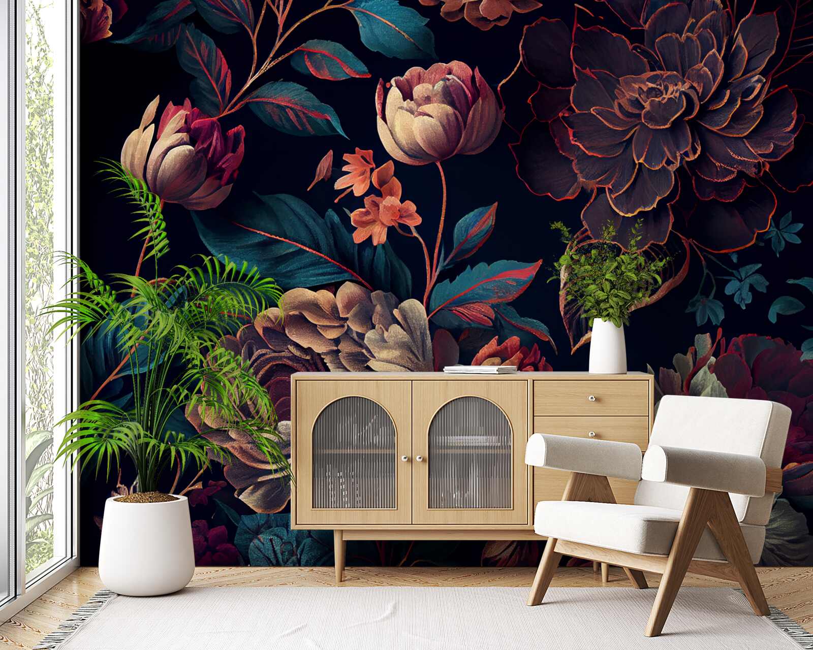 Papier peint mélange de belles fleurs foncées