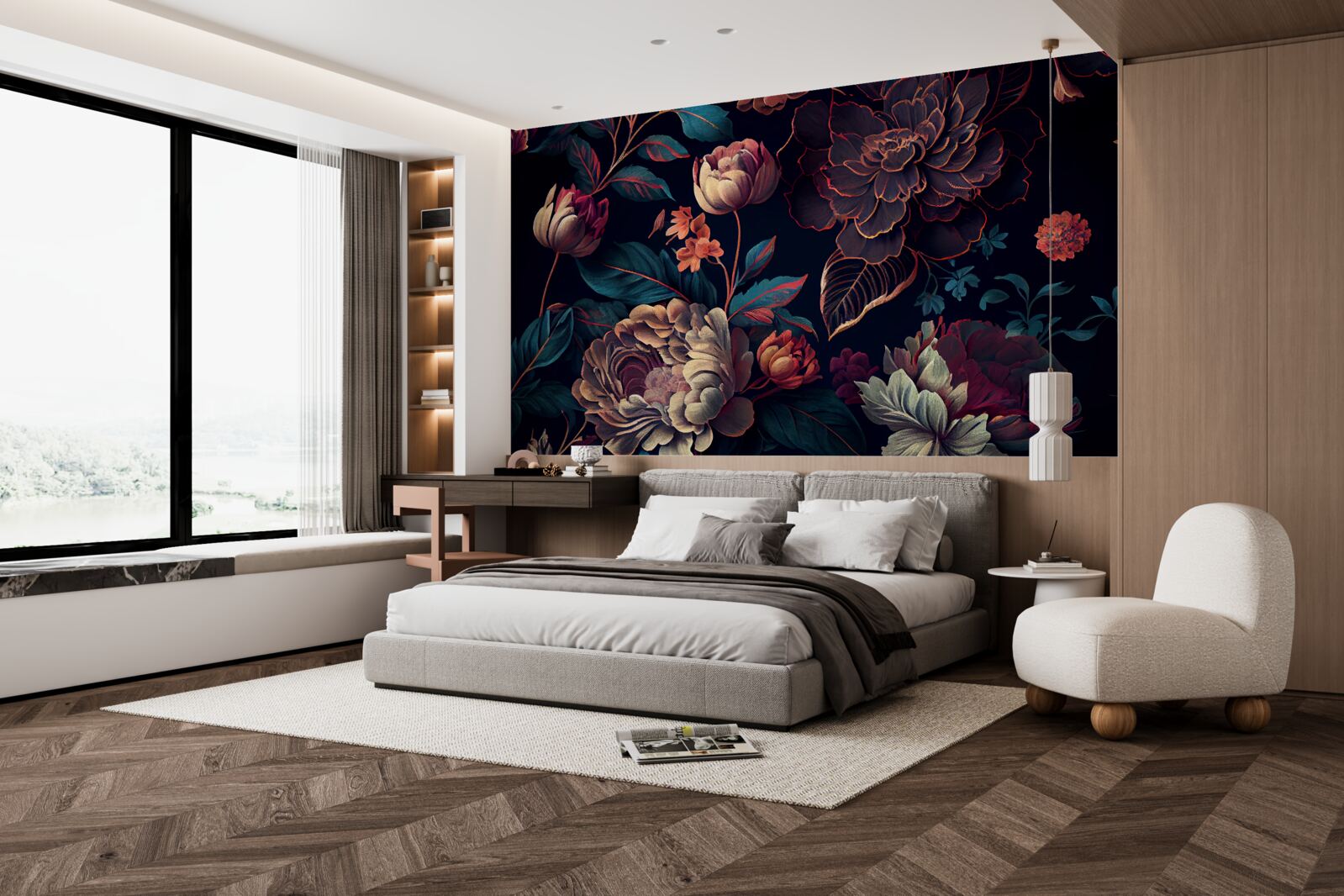 Papier peint mélange de belles fleurs foncées