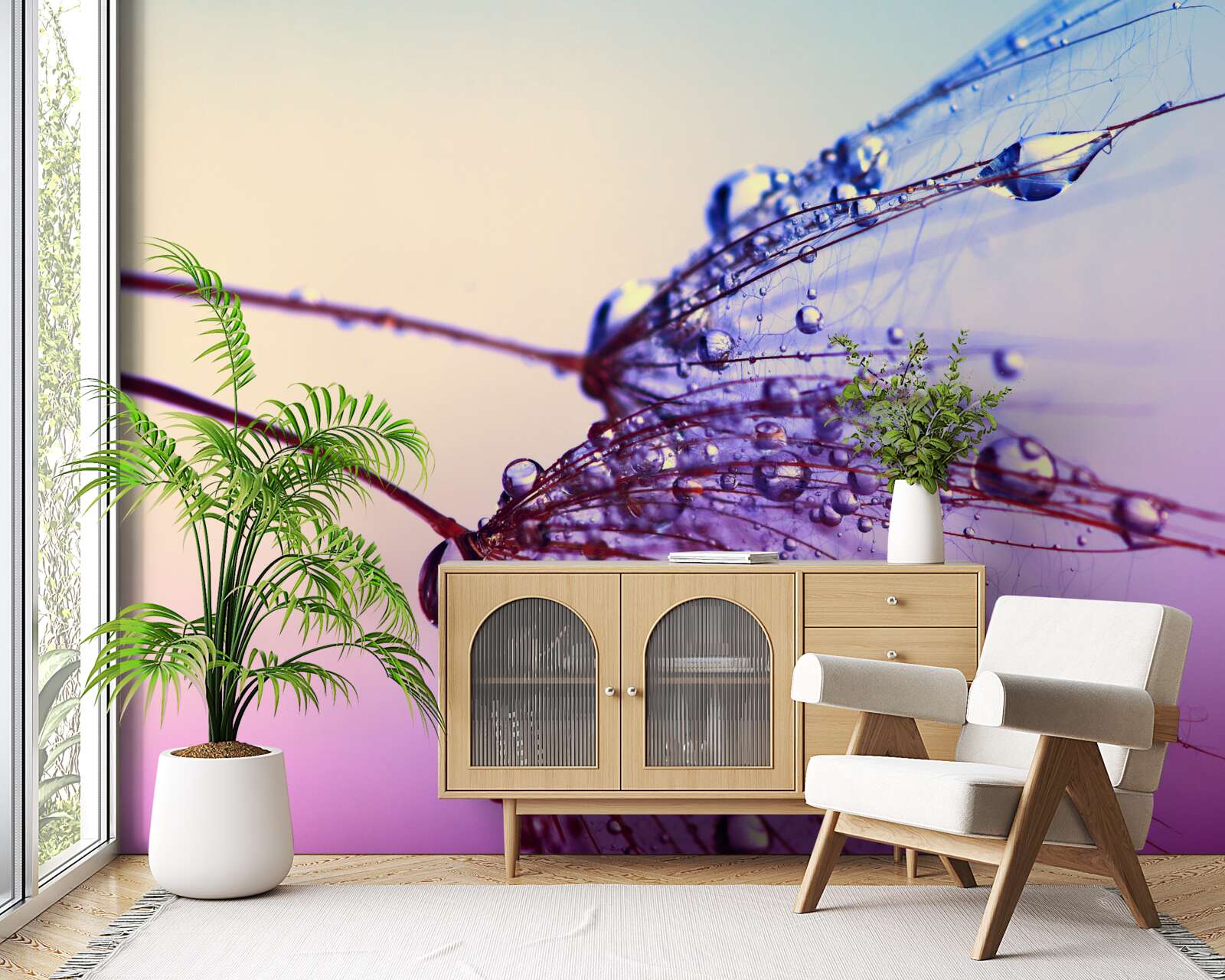 Papier peint au coucher du soleil, les gouttes de rosée décorent le pissenlit