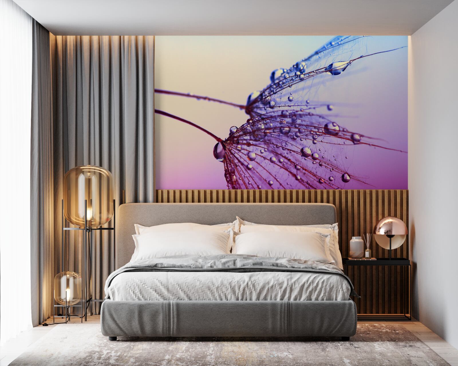 Papier peint au coucher du soleil, les gouttes de rosée décorent le pissenlit