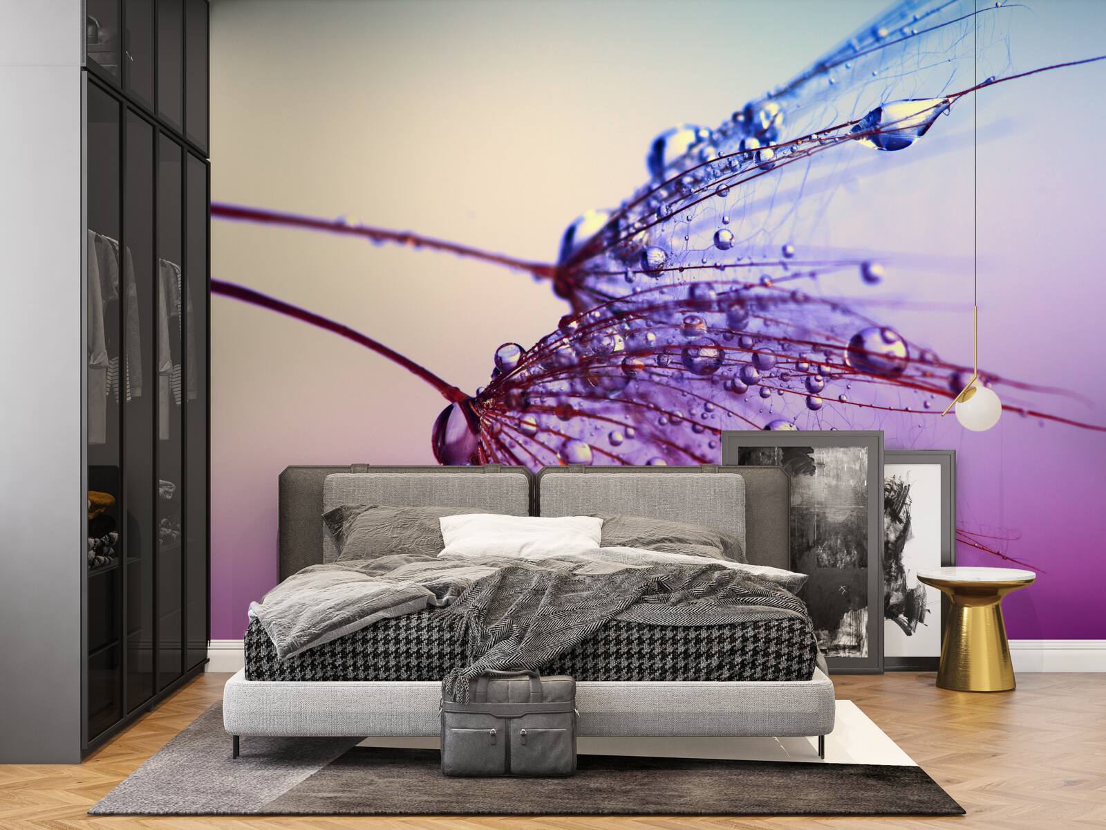 Papier peint au coucher du soleil, les gouttes de rosée décorent le pissenlit