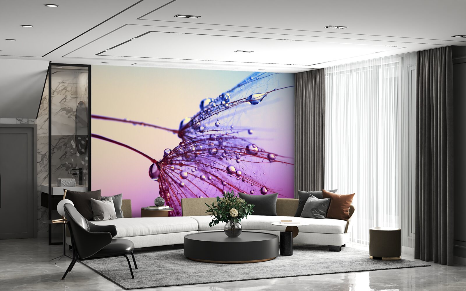 Papier peint au coucher du soleil, les gouttes de rosée décorent le pissenlit