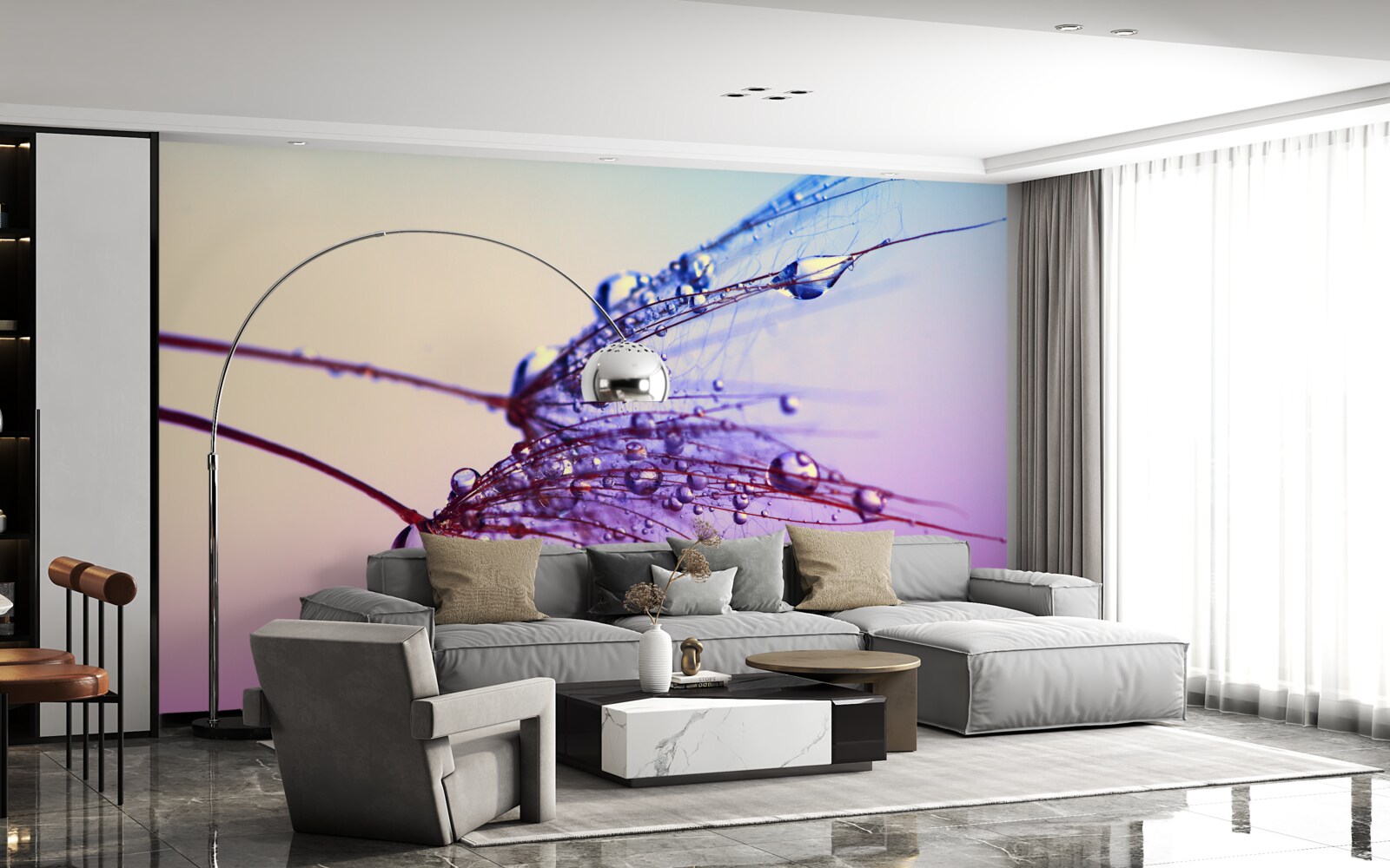 Papier peint au coucher du soleil, les gouttes de rosée décorent le pissenlit